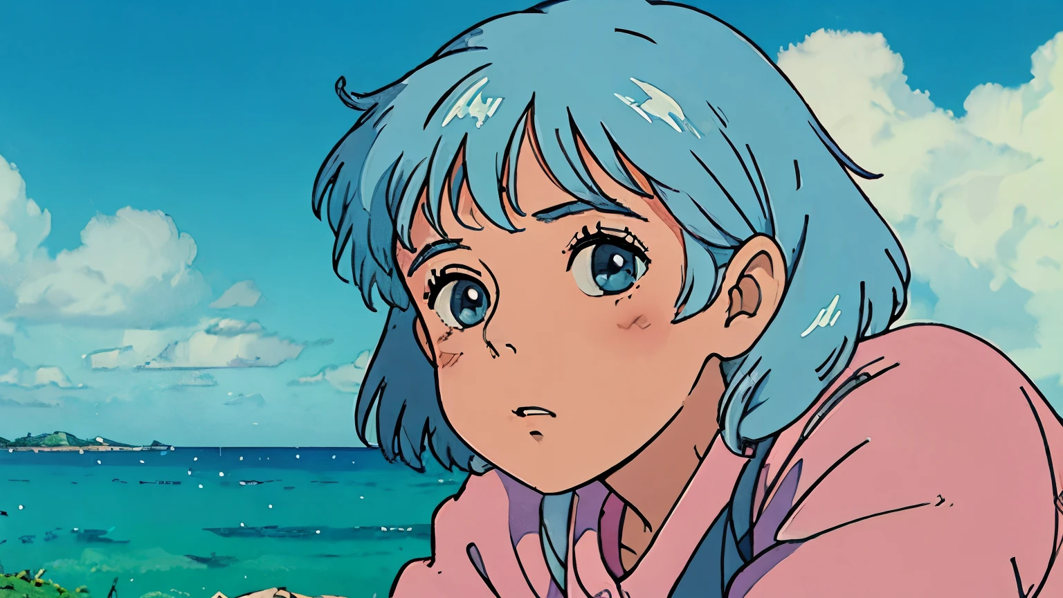 lo-fi art, pastel colors, ghibli illustration, nostalgic, expressionless, girl with blue hair, staring straight at the sky, lying on her back, close-up, high quality, high definition, 4K, 8K