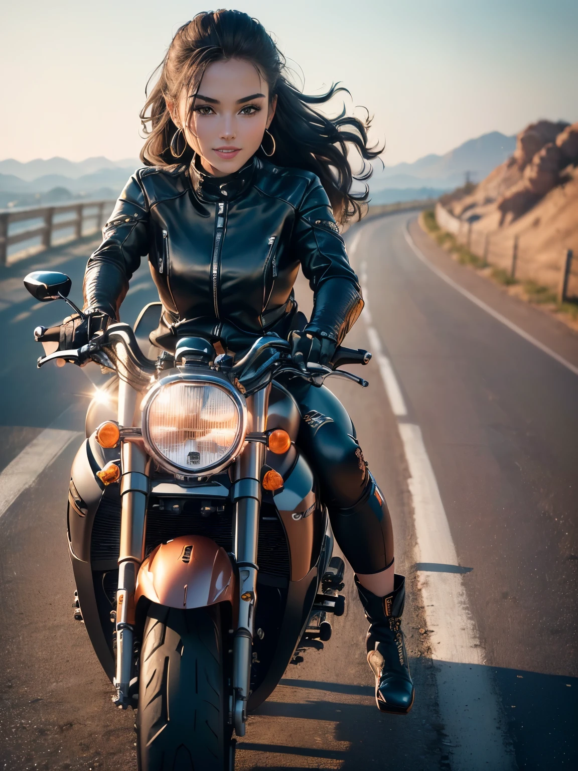 ((highest quality, 8k, masterpiece: 1.3)), Masterpiece Best Quality, (Sharpen your face: 1.5), perfect body beauty: 1.4, (The bike is facing 70 degrees:1.5), (((Woman on motorcycle))),slender body,((Long-sleeved biker jacket and black long pants)),Highly detailed face and skin texture, Natural light,smile、rider boots, long legs, camel toe