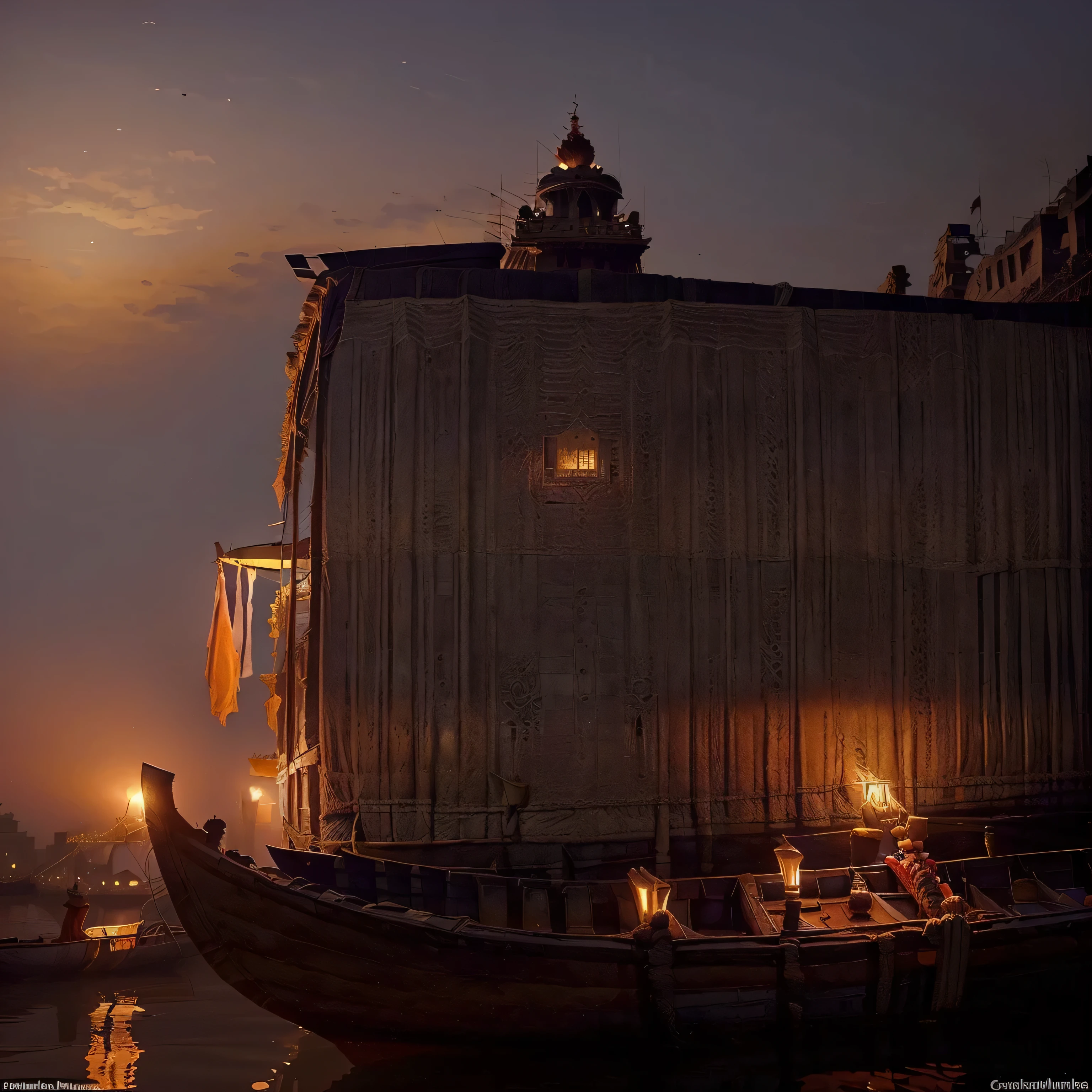 (((background)))(((Highlight the boat-lined section of Dashashwamedh Ghat during the enchanting Sunset Aarti. Capture the Ganges from a unique perspective, with boats gently floating on the river, adding a touch of mystique to the sacred ceremony.)))