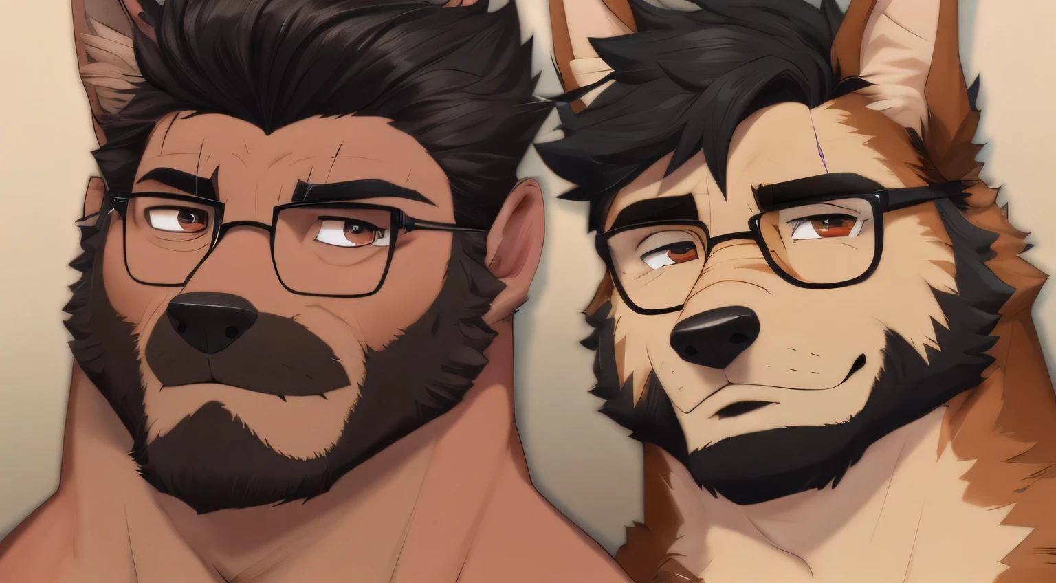 Dog man, German shepherd build and fur pattern, with mainly tan mid tones with a very slight reddish hue, with a bit more fluff then normal, Very dark brown or black hair and facial hair,
glasses, and the smallish scar in and above, the right eyebrow that leans more to the right side of the eyebrow, and bandaged on the bridge of the nose,