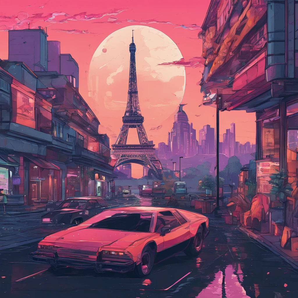 a close-up of a city with a large building and ((( the real Effeil tower in the background in the center))), inspired by Liam Wong, cyberpunk art style, lofi art, in the style of Laurie Greasley, neo tokyo background, inspired by Kilian Eng, by Kilian Eng, art deco outrun anime aesthestic, cyberpunk illustration, cyberpunk themed art, jen bartel, Art by Alena Aenami