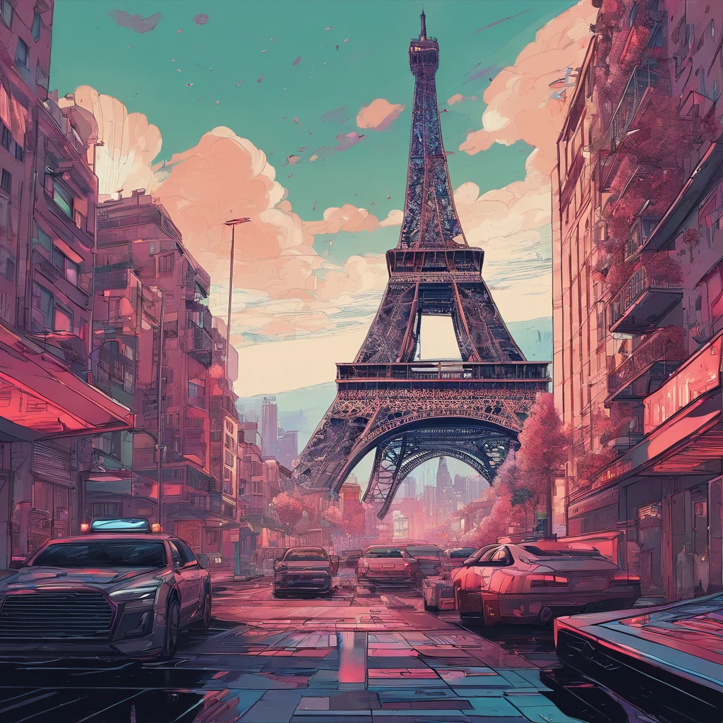 a close-up of a city with a large building and ((( the real Effeil tower in the background in the center))), inspired by Liam Wong, cyberpunk art style, lofi art, in the style of Laurie Greasley, neo tokyo background, inspired by Kilian Eng, by Kilian Eng, art deco outrun anime aesthestic, cyberpunk illustration, cyberpunk themed art, jen bartel,  Art by Alena Aenami