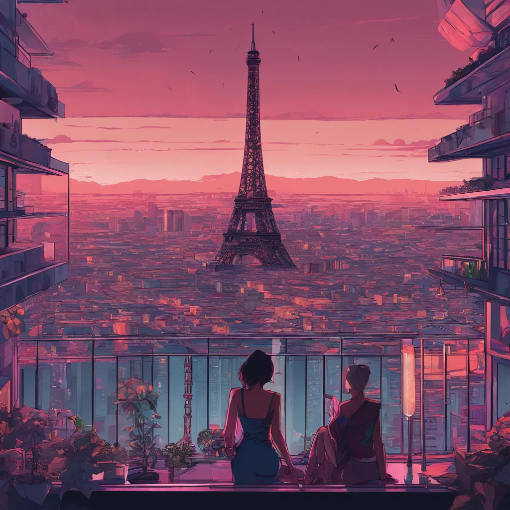 a close-up of a city with a large building and ((( the real Effeil tower in the background in the center))), inspired by Liam Wong, cyberpunk art style, lofi art, in the style of Laurie Greasley, neo tokyo background, inspired by Kilian Eng, by Kilian Eng, art deco outrun anime aesthestic, cyberpunk illustration, cyberpunk themed art, jen bartel,  Art by Alena Aenami