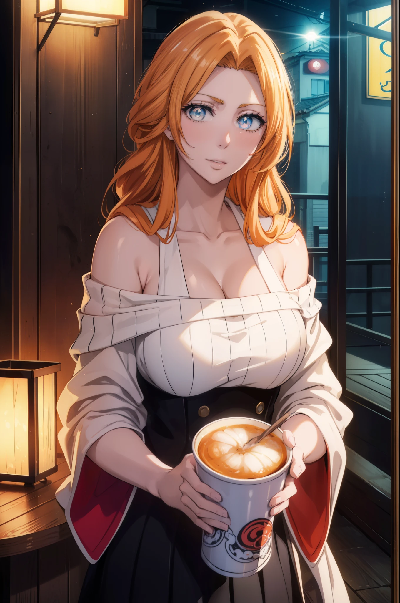 chichona anime woman, in cowgirl clothing, You can see her nipples and it&#39;s sexy, is in a stable, for coffee 