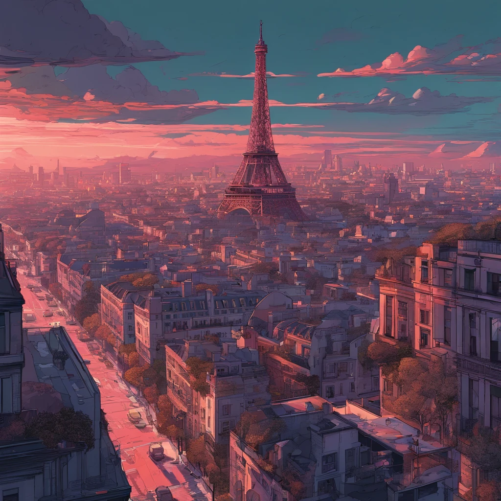a close-up of a city with a large building and ((( the real Effeil tower in the background in the center))), inspired by Liam Wong, cyberpunk art style, lofi art, in the style of Laurie Greasley, neo tokyo background, inspired by Kilian Eng, by Kilian Eng, art deco outrun anime aesthestic, cyberpunk illustration, cyberpunk themed art, jen bartel,  Art by Alena Aenami