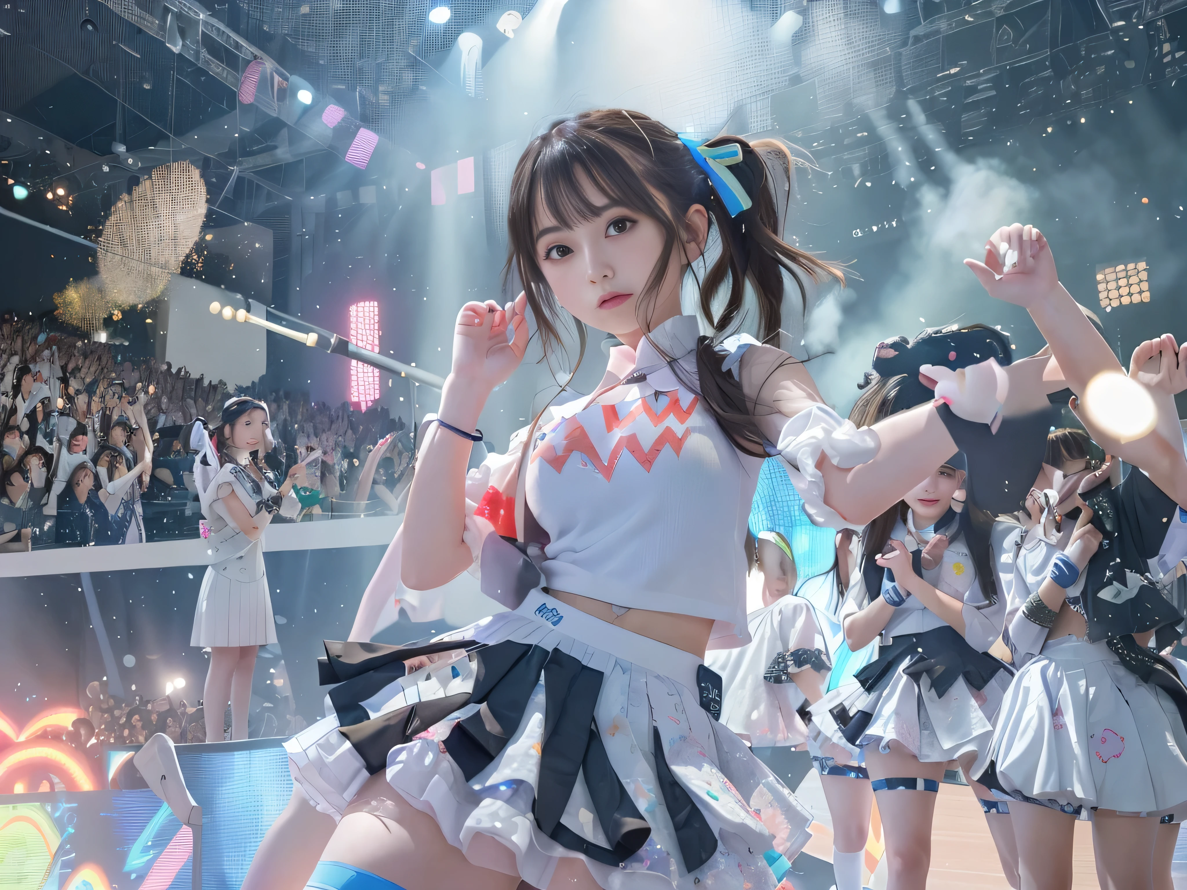 (((RAW image quality:1.4))), 3D, ,Detailed CG footage,(table top:1.3),(highest quality:1.2),8k,absurd,unity 8k wallpaper,(very detailed:1.3),first class,realistic, blurred background, blurred foreground, (Idol group graduation concert:1.4), ((5 girls:1.4)),16 years old,Japanese,black haired,(Beautiful moisturized eyes shining blue:1.4),(long ribbon hair ornament:1.1),(neon light:1.1),(Cute idol white uniform),(checked mini skirt:1.1),frown,(dynamic Pose:1.1),(floating hair:1.2),(nffsw:1.2),(psychedelic:1.2),dynamic Pose,(electric wire:1.1),(light:1.2),abdomen,stage,(music:1.2),cable,神のlight,(indoor:1.2),From the side,(musical instrument:0.7),fanaticism,Passionate,full of energy,That's horrible,To be paralysed,cheer up,dynamic,thrilling,explosives,Be excited,(a large crowd gathers:1.2),light,,neon light,(music:1.1),look at the audience,big breasts,big breasts thin waist,
