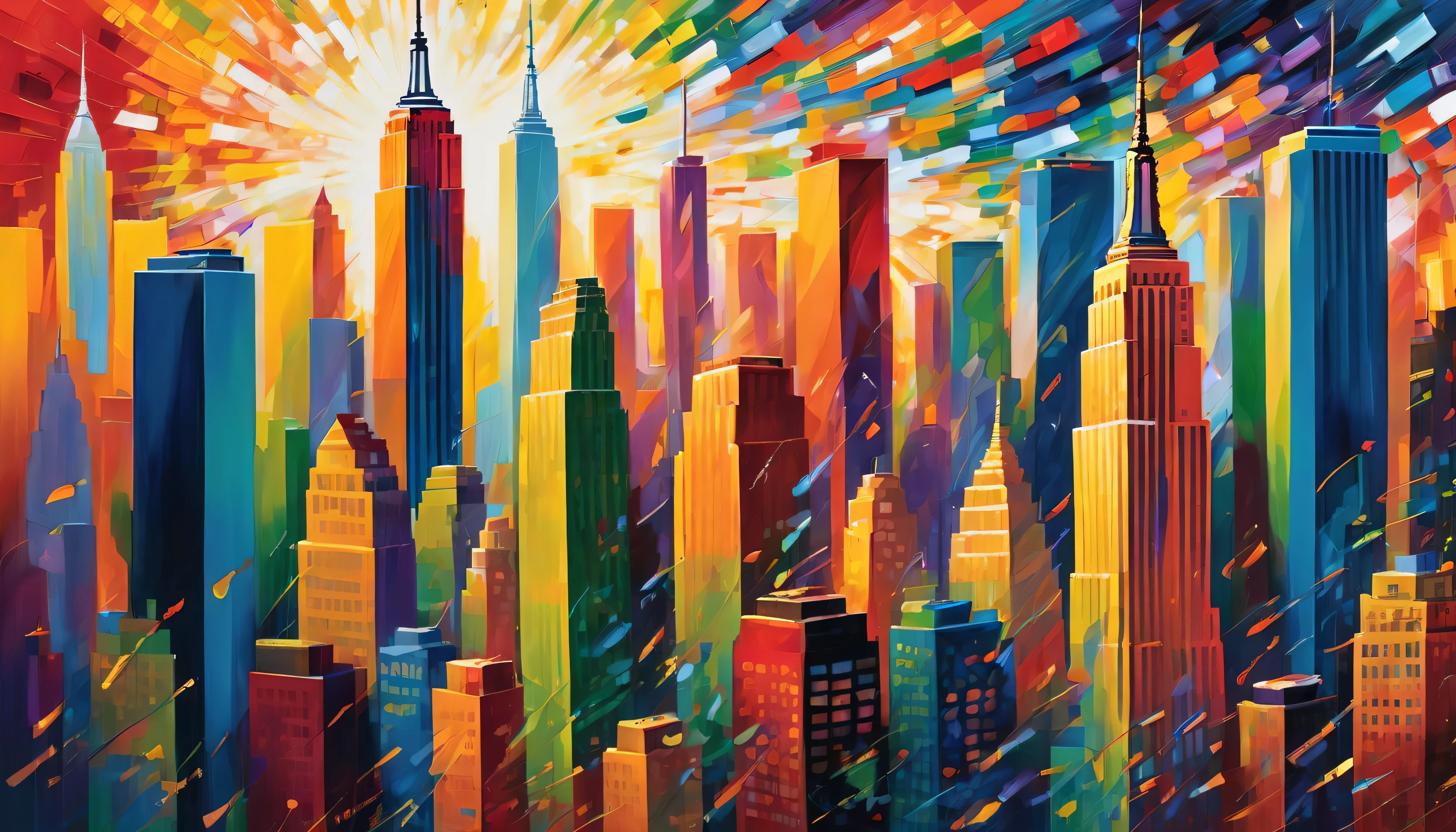 Imagine an abstract rendition of New York City, a non-representational masterpiece that transcends conventional depictions. In this artistic expression, colors and shapes converge to form a vibrant kaleidoscope, each element pulsating with the energy of the city. The canvas bursts with emotion, capturing the essence of the urban experience through an imaginative lens.

Every detail is meticulously crafted, creating a tapestry of intricate patterns and dynamic forms that reflect the city's multifaceted nature. The chaotic rhythm of city life is translated into a symphony of abstract lines and swirls, evoking the constant movement and vitality that define New York.

Bold, contrasting colors mingle and dance across the canvas, conveying the diverse emotions embedded in the city's collective consciousness. From the soaring skyscrapers to the bustling streets, every element is a stroke of emotional expression, inviting viewers to explore the nuanced feelings that the artist has woven into this abstract portrayal of the iconic metropolis. This highly detailed composition serves as a visual feast, inviting contemplation and interpretation, a vibrant celebration of New York City in a non-representational, abstract style.