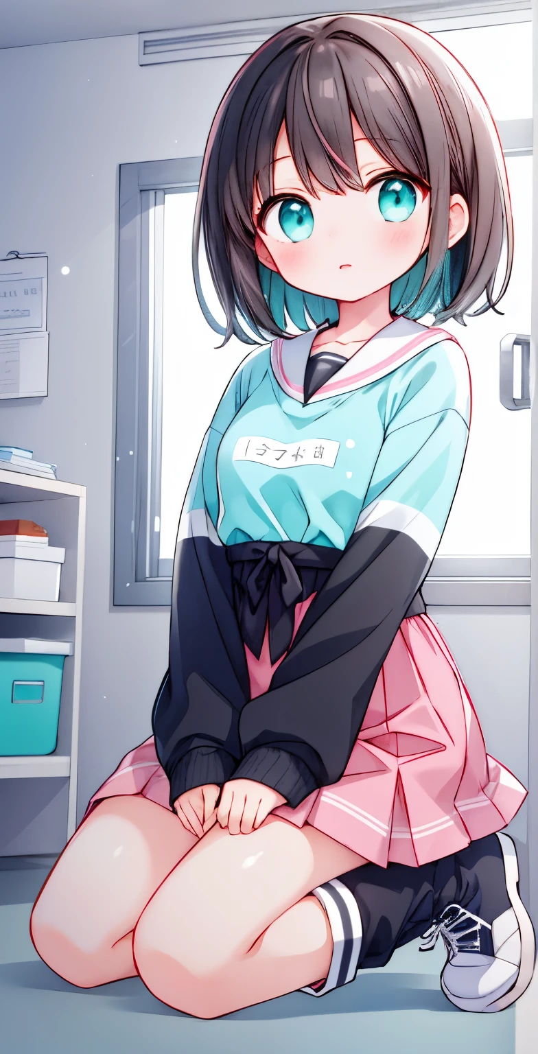 Girl with short dark hair，shy，blush，Turquoise sweatshirt，pink skirt，White knee socks，black boots，classroom scene，for the audience，stand