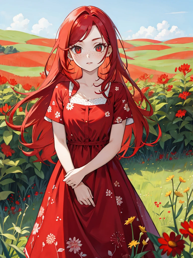 young girl(red hair, freckles, big eyes,), wearing a vibrant red dress with floral patterns, outdoors, standing in a sunlit meadow surrounded by colorful wildflowers