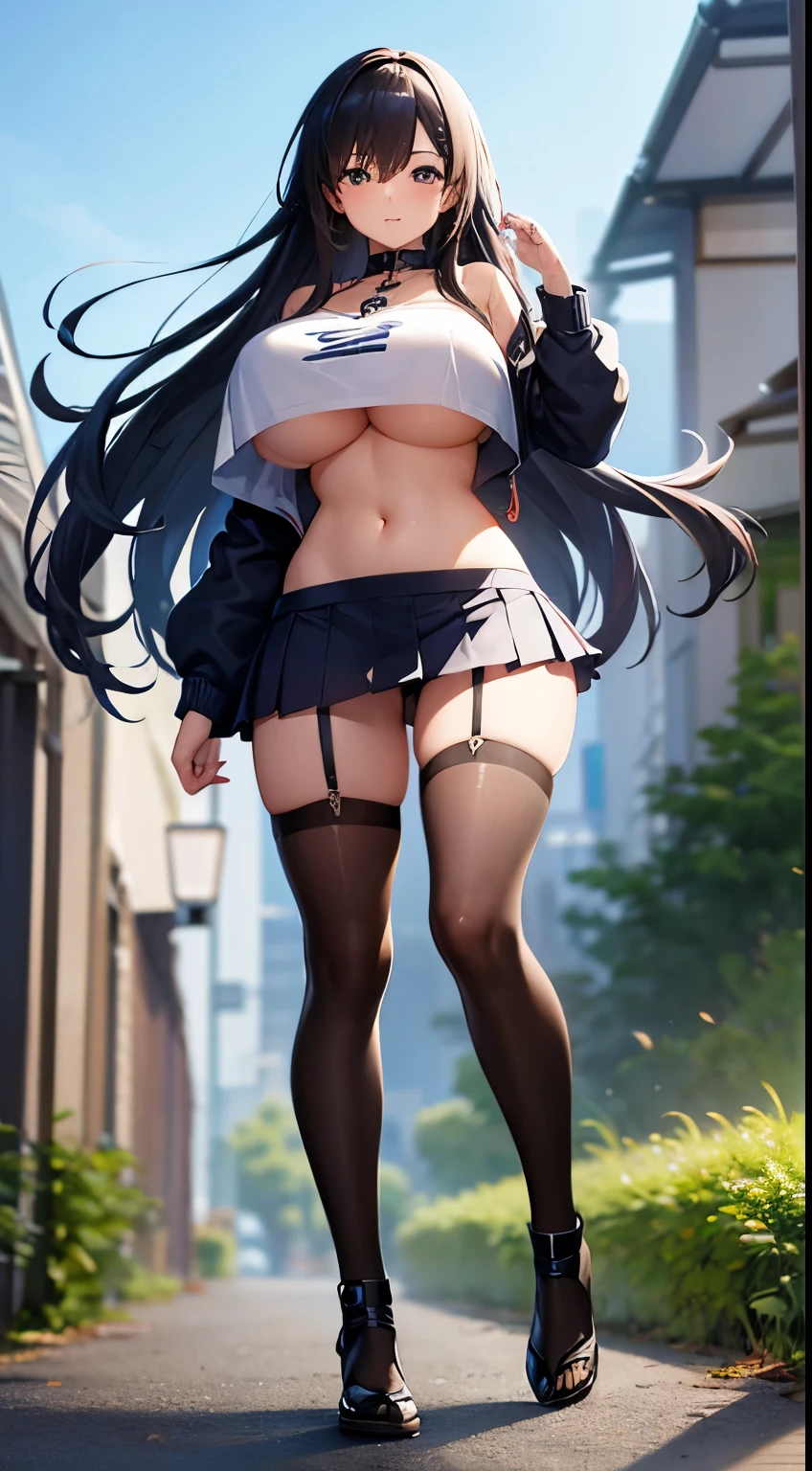 8k wallpaper, high resolution, 1 girl, sexy pose, , cleavage breats, short skirt, crop top, very huge tits, japanese, FHD, no bra, full body,