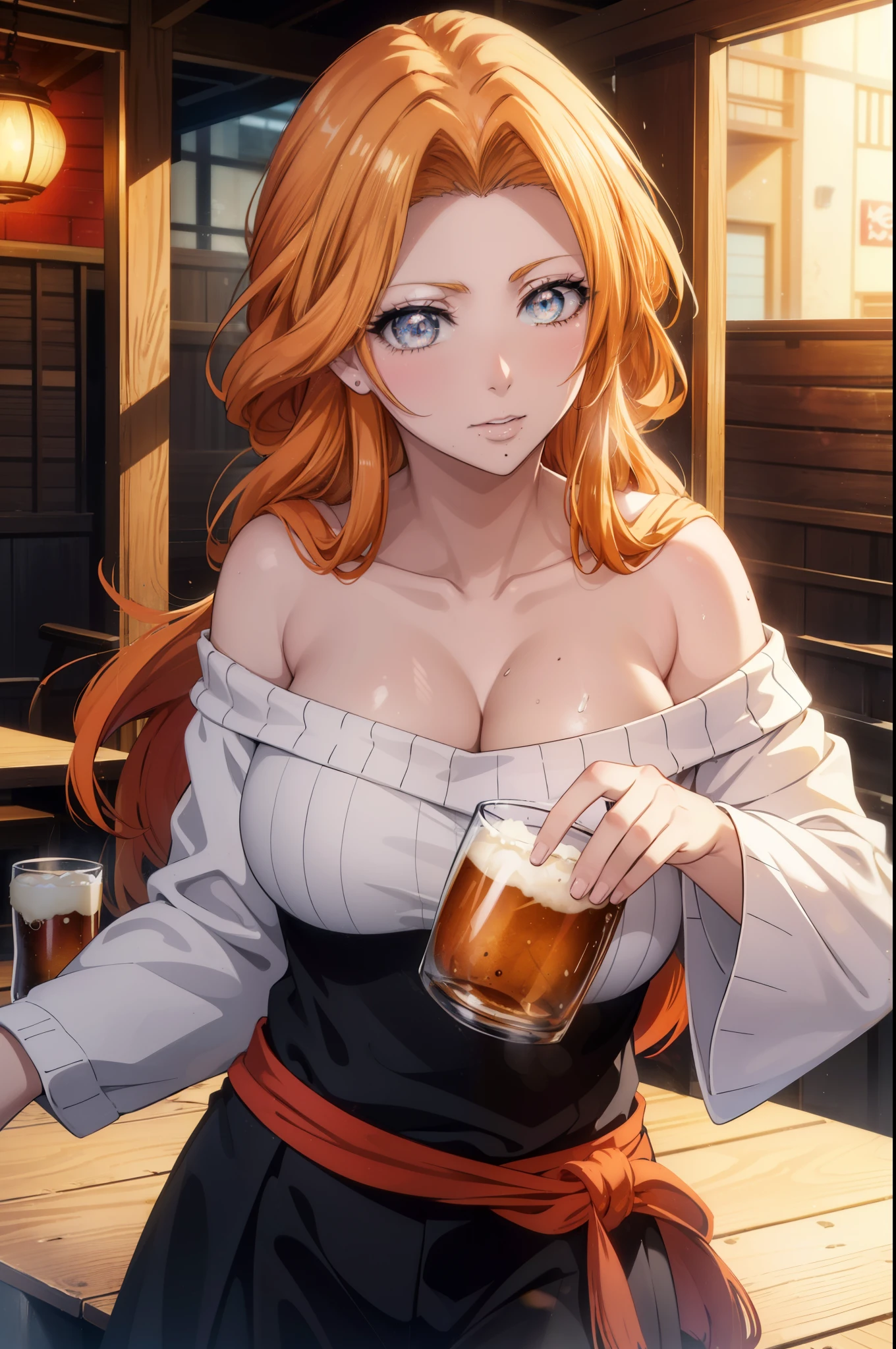 rangikumatsumoto, rangiku matsumoto, long hair, Red-orange hair, mole, mole under mouth, gray eyes,smile,happy atmosphere,mouth open,parted bangs, smile,white off shoulder sweater bare neck,bare clavicle,bare shoulders,black long skirt,There is a large beer mug and food on the table.,drinking party,
break indoors, Izakaya,
break looking at viewer, (cowboy shot:1.5),
break (masterpiece:1.2), highest quality, High resolution, unity 8k wallpaper, (figure:0.8), (detailed and beautiful eyes:1.6), highly detailed face, perfect lighting, Very detailed CG, (perfect hands, perfect anatomy),