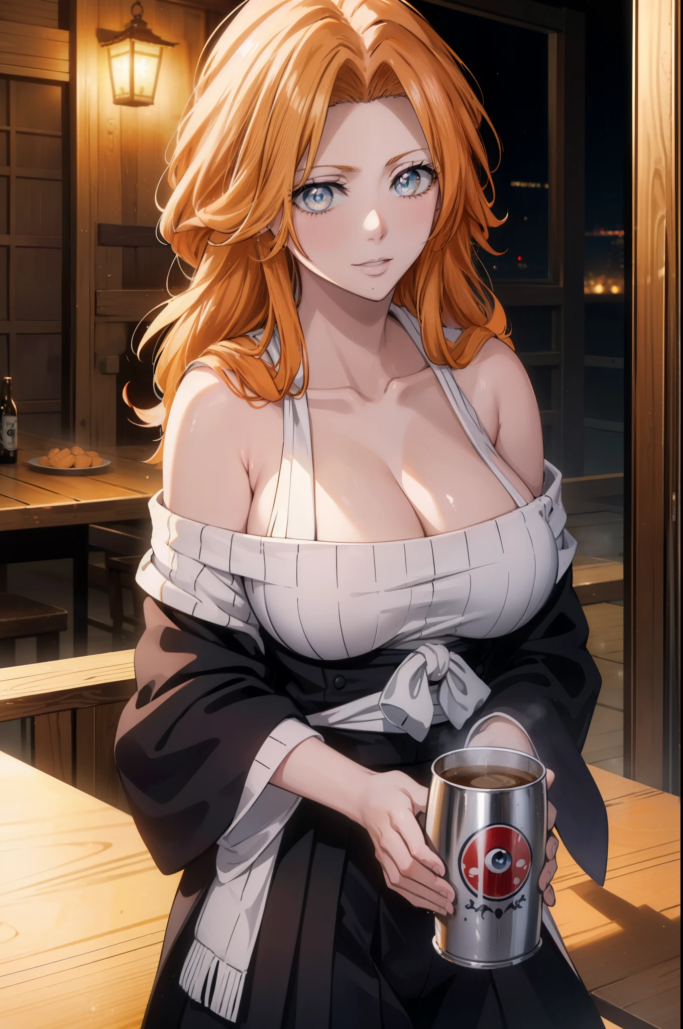 rangikumatsumoto, rangiku matsumoto, long hair, Red-orange hair, mole, mole under mouth, gray eyes,smile,happy atmosphere,mouth open,parted bangs, smile,white off shoulder sweater bare neck,bare clavicle,bare shoulders,black long skirt,There is a large beer mug and food on the table.,drinking party,
break indoors, Izakaya,
break looking at viewer, (cowboy shot:1.5),
break (masterpiece:1.2), highest quality, High resolution, unity 8k wallpaper, (figure:0.8), (detailed and beautiful eyes:1.6), highly detailed face, perfect lighting, Very detailed CG, (perfect hands, perfect anatomy),