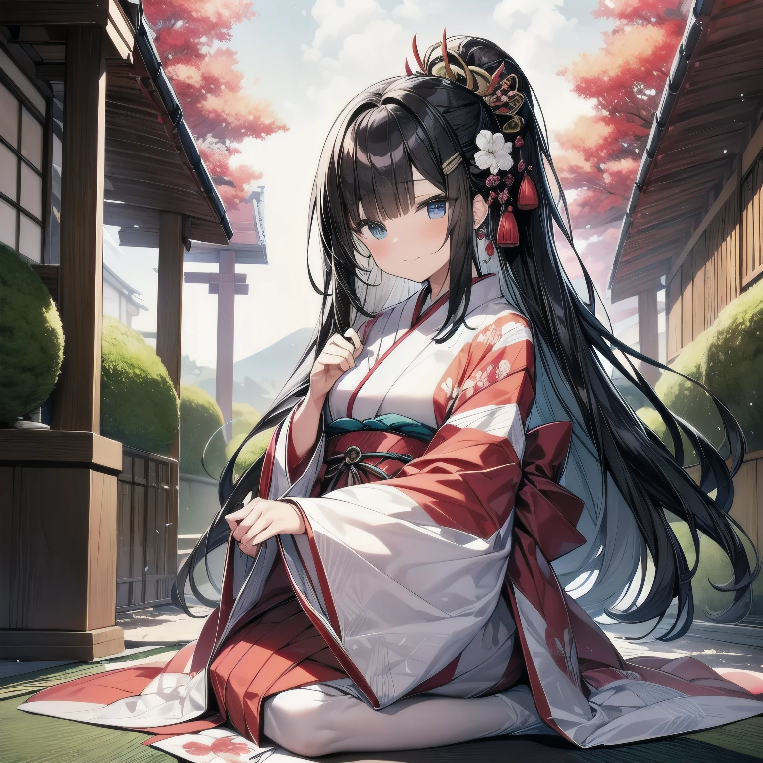 One female、black hair、long hair、12 hitoes（June Hitoe）、Japanese traditional costume、Japan&#39;s Heian period、桃の花 --niji 6 --style raw