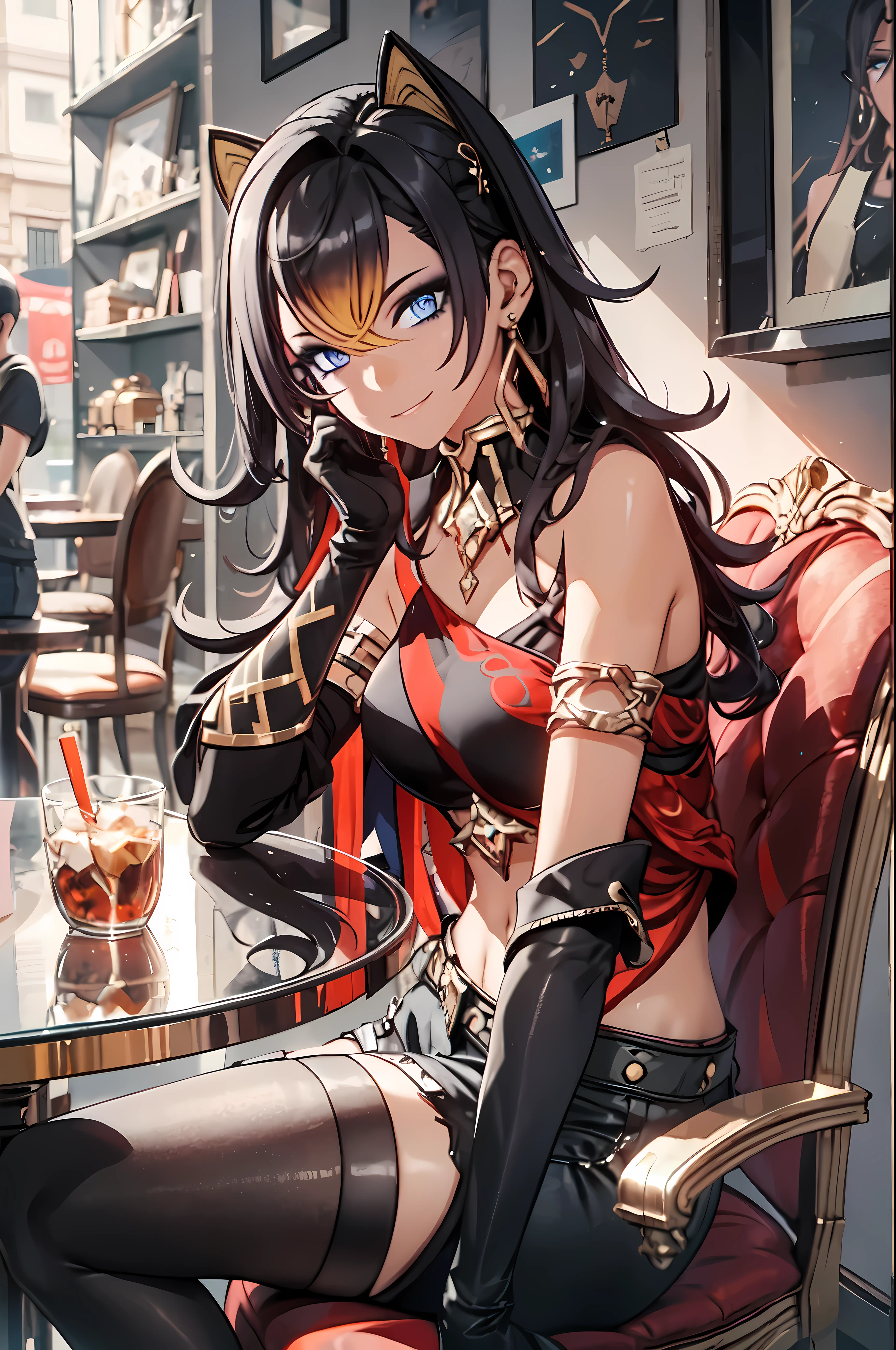 detailed, (masterpiece:1.2), (solo:1.2), (female), slender, indoors, headtilt, long hair, brown hair, navel, blue eyes, bare shoulders, camisole, shorts, (hair vent), gloves, tavern, closed mouth, smiling, earring, sitting, table, chair