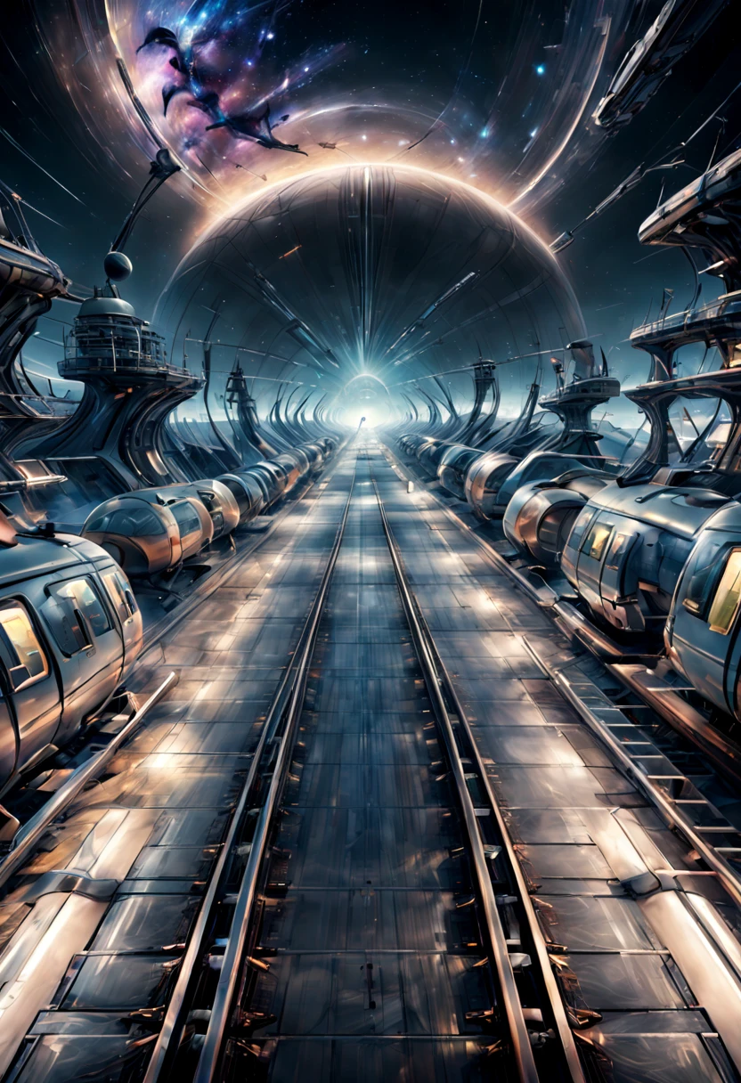 best quality, Galaxy Express station on a translucent planet, developed view vast and inorganic platform, where wide variety of galaxy trains take off and land, 32k, RAW photo, incredibly absurdres, extremely detailed, delicate texture, space, galaxy, andromeda, motion-blur, action-lines, speed-lines, digital art, art design, fractal art