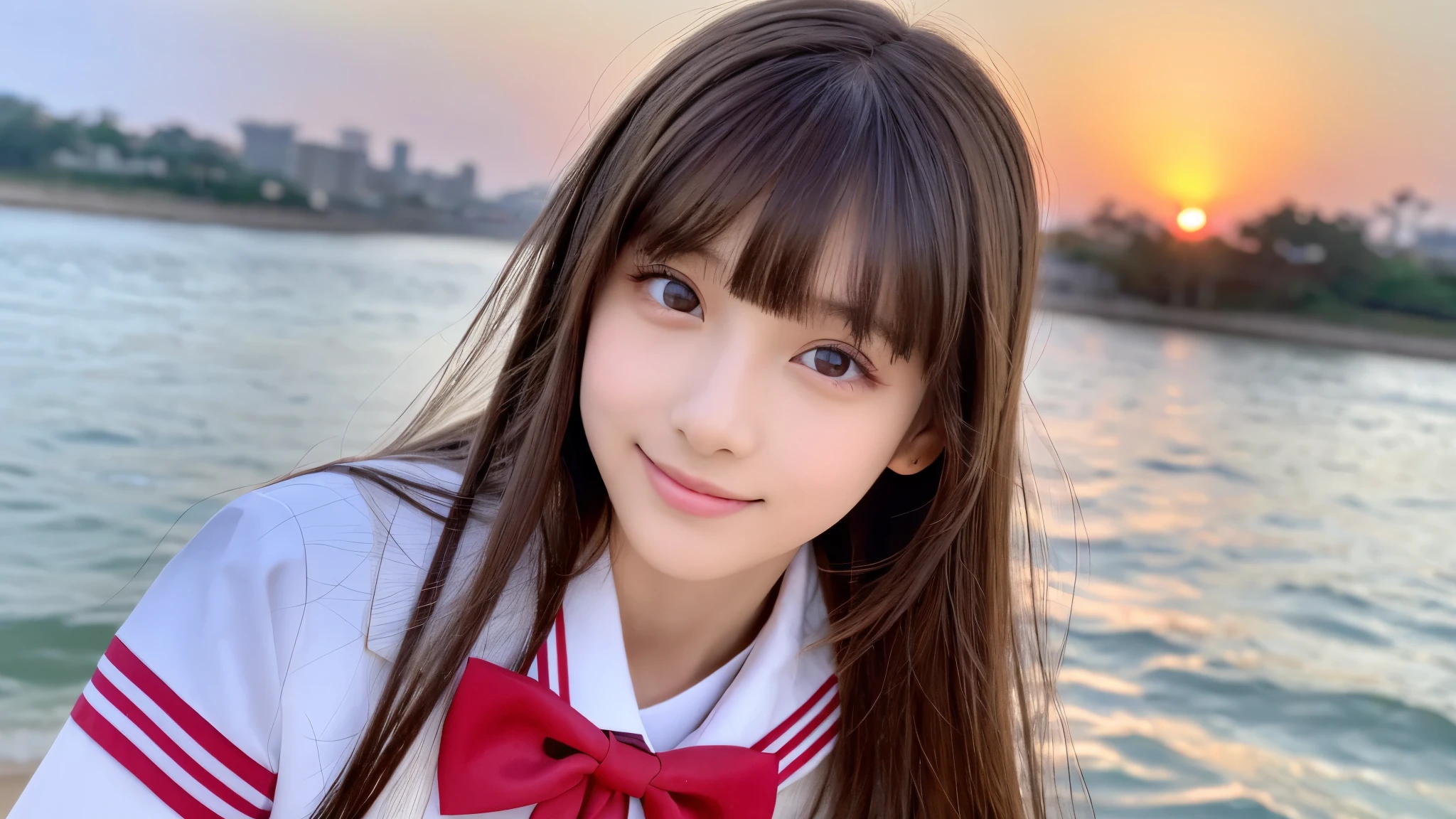 (8k、original photography、top quality、Masterpiece:1.2)、Super detailed、Super review footage、(Realism:1.4)、Playing by the water、full-body shot、full-body shot、High-resolution RAW color photos、Professional photography、sunshine beach、Atmospheric scenery、Very detailed and beautiful、Ultra high quality、8k wallpaper、Amazingly detailed、File size is huge、Very detailed beautiful girl、Very detailed face Very detailed eyes、Very realistic skin、 extremely delicate fingers, highly detailed nose, Highly detailed mouth, perfect anatomy, Very detailed background, Very detailed clothes, teenager, cute little号, famous japanese idol, cute little, realistic body, thin and long, white skinned, sparkling skin, slim, long, straight hair, (blunt bangs:1.2), lifelike face, exquisite eyes, double eyelids, Sailor suit、red tie、pink eyeshadow、high school friend Smiling hair、After school beautiful sunset beach brown hair、 youth Star-level cuteness 与多个high school嬉戏 、Open your arms