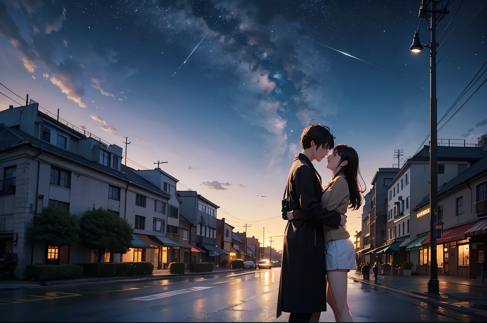 comics, bright starry sky. Romantic bus stop, Xin Haicheng's pictures, pure, concept art, Lofi Art style, reflection. author:Xin Haicheng, Lofi Art, Beautiful anime scene, anime scenery, Detailed Landscape—Width 672, Xin Haicheng's style, Xin Haicheng的風格, Enhance details.