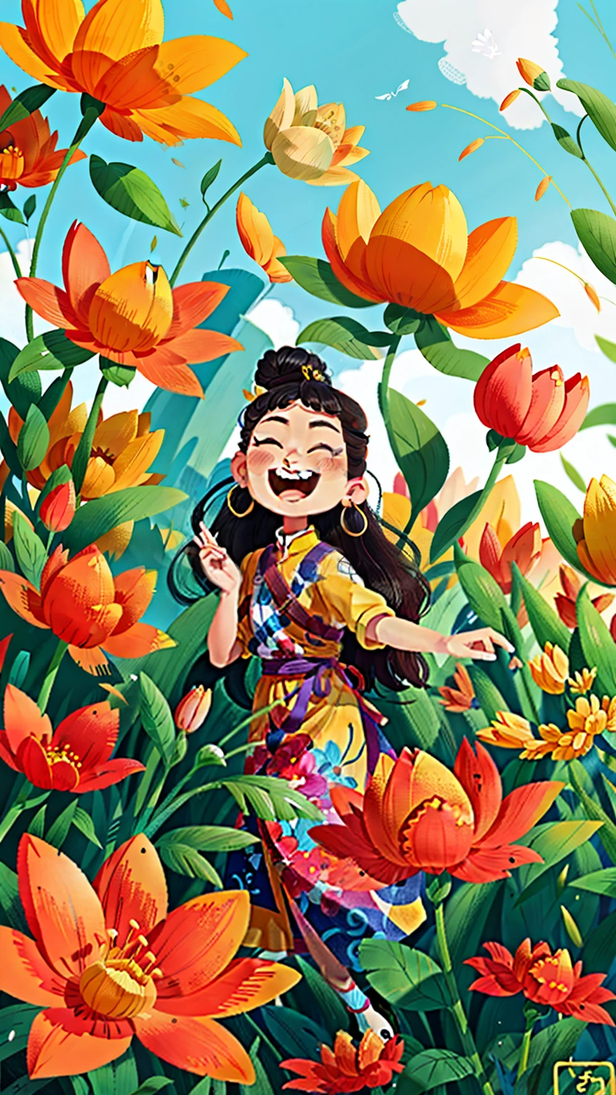 Close-up of a woman, assertive women, very happy, smiling,, big eyes, spring scene, spring, flowers, grassland, warm sunshine, sun,delicate face, , beautiful sky, wearing a beautiful dress, Ultra high detail, ultra high resolution, Award-winning works, masterpiece, Lo-Fi illustration style, 平面illustration, 可爱的illustration, yellow pink red flowers around, digital illustration style, Excellent, Beautiful artistic illustration, High quality detail art, Beautiful scenery,, Beautiful artistic illustration, Hand drawn cartoon art style, illustration, Simple and clean illustration, Inspired by Ma Yuanyu, Yang Jian, Inspired by Cui Bai, Inspired by Puhua,Behind the scenes are photovoltaic panels