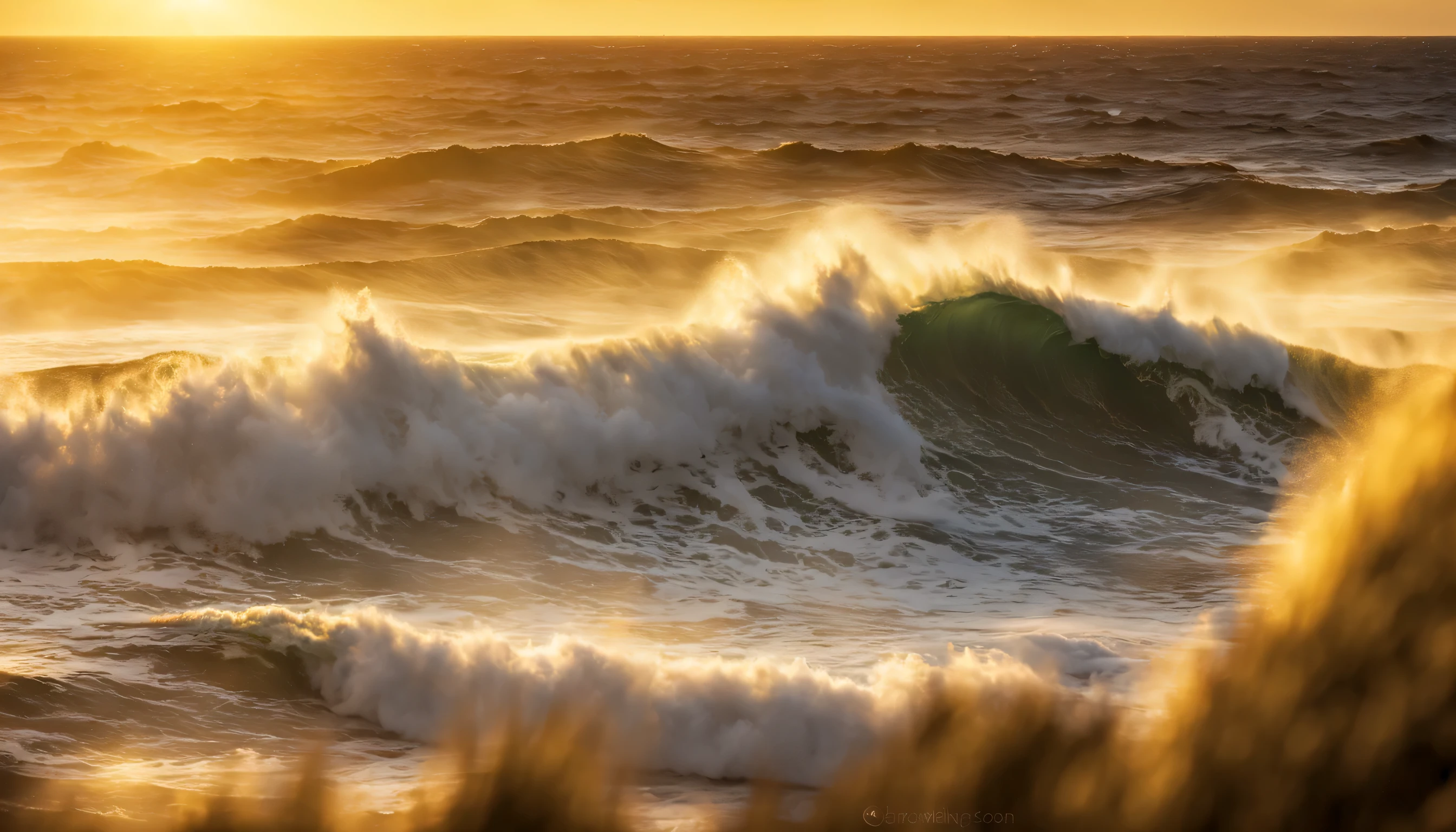 majestic ocean image with big waves, golden sunlight shining on the sea, beautiful ocean, big waves, shimmering light