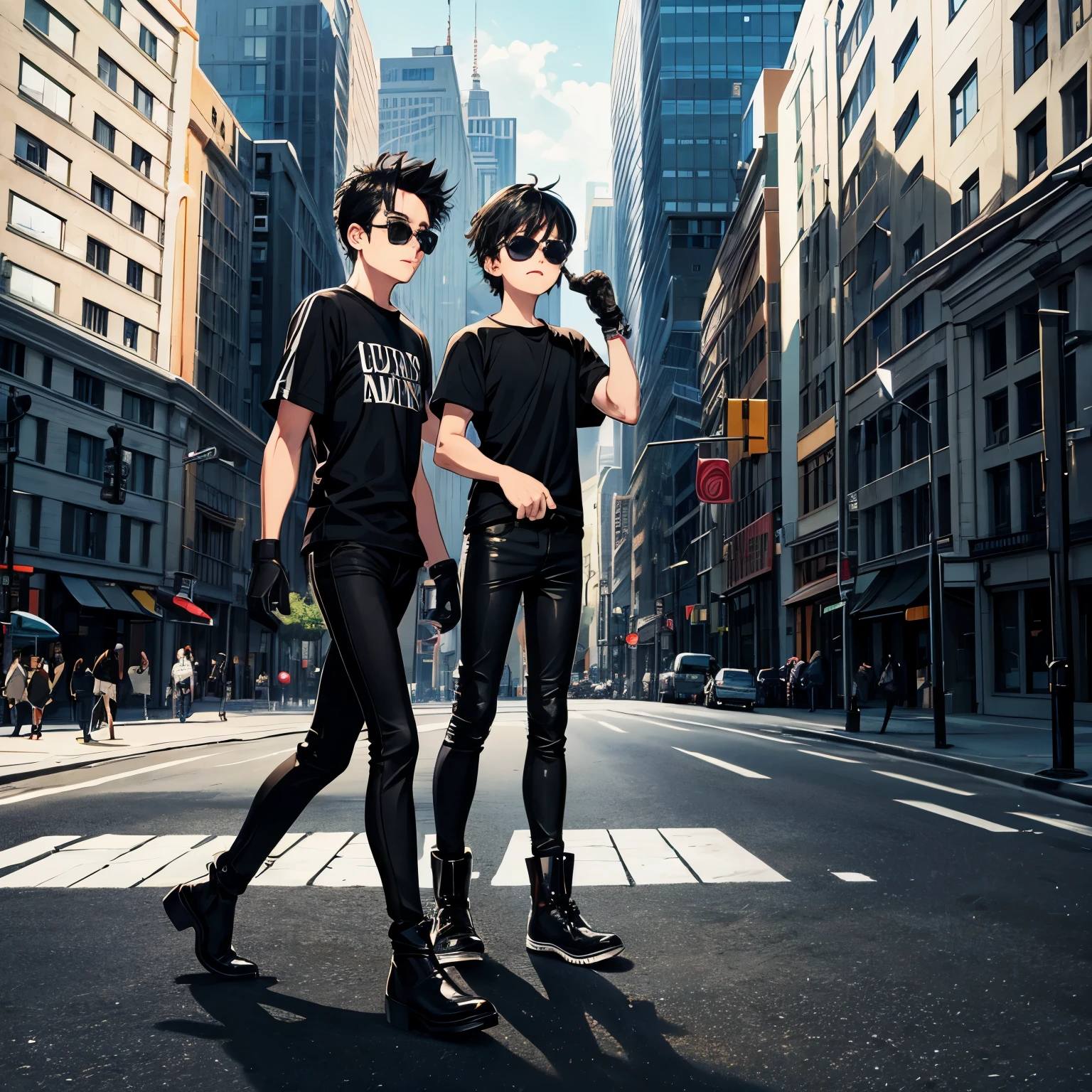 A picture of a boy wearing sunglasses,black t-shirt,black pants,black boots and white gloves walking to the city with no people 