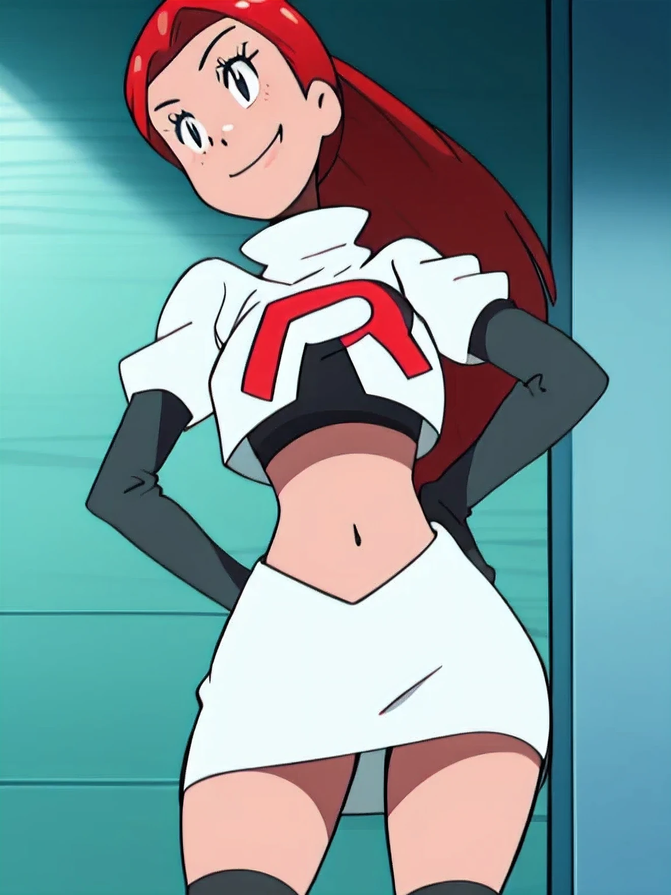 8k,1girl in, (solo:1.1), (perfect body:1.1), (best quality:1.1), very large breast, team rocket, team rocket uniform, red letter r, white skirt,white crop top,black thigh-high boots, black elbow gloves, smiling, looking down at viewer, hands on hips,zettai ryouiki,cowboy shot