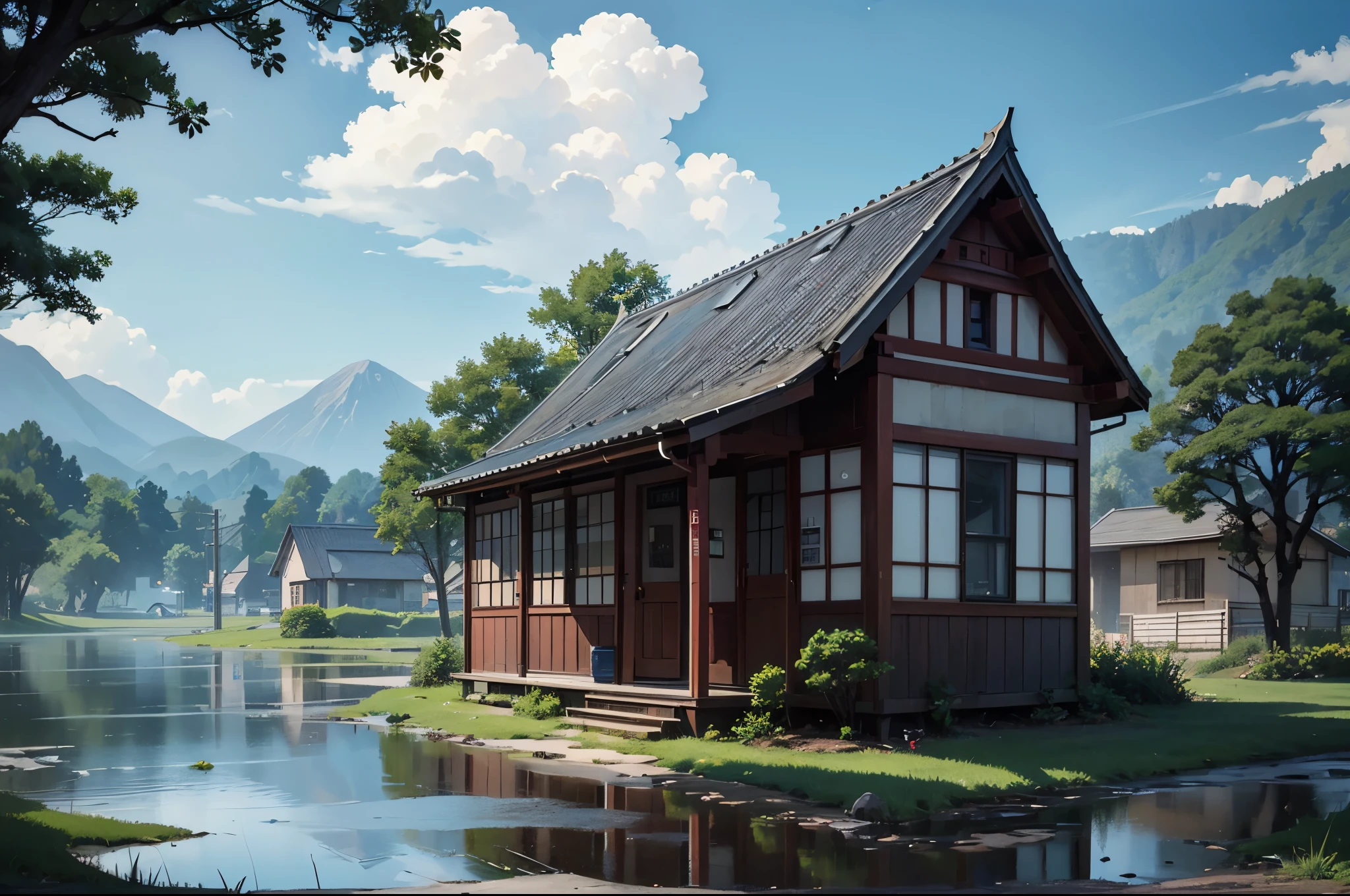 comics, bright starry sky. 浪漫bus stop,bus stop,After the rain,wetlands, Xin Haicheng's pictures, pure, concept art, Lofi Art style, reflection. author:Xin Haicheng, Lofi Art, Beautiful anime scene, anime scenery, Detailed Landscape—Width 672, Xin Haicheng's style, Xin Haicheng的風格, Enhance details.