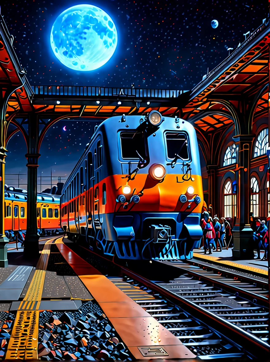 (best quality,8k,high resolution,masterpiece),Super fine,(1.4x more realism),HDR,UHD,studio lighting,Super fine,Extremely detailed description,major,Vivid colors,(A train station in a lunar crater:1.5),Beautiful lighting,science fiction fantasy,full of details,concept art,dramatic lighting,science fiction art,stunning ripples,Full of life,Energetic,Paintings by Caspar David Friedrich
