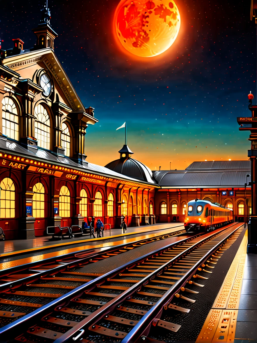 （best quality，8k，high resolution，masterpiece），Super fine，（1.4x more realism），HDR，UHD，studio lighting，Super fine，Extremely detailed description，major，Vivid colors，(A train station in a lunar crater:1.5)，Beautiful lighting，science fiction fantasy，full of details，concept art，dramatic lighting，science fiction art，stunning ripples，Full of life，Energetic，Paintings by Caspar David Friedrich