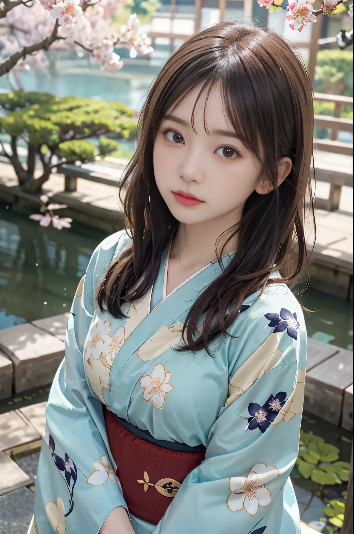 ((masterpiece,best quality 1.4)), (8k,RAW photo:1.2), (realistic,photo realistic:1.4), ultra high resolution , (Highly detailed 8k wallpaper) ,japanese idol, Japanese actress, Japanese, very cute, Big eyes, highly detailed eyes and face, Beautiful eyes in every detail,shiny skin,portrait,(medium hair and straight hair :1.3), professional lighting, sharp focus, Depth of written boundary , (dynamic angle:1.4 ). blur background, Bokeh, (Kimono with gorgeous pattern) ：A peaceful Japanese garden in spring, It is characterized by a cobblestone street that winds through moss-covered land..., Cherry blossoms bloom overhead、A traditional tea room can be seen in the distance.