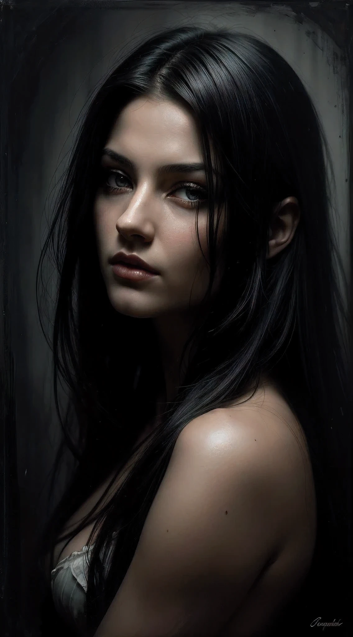 Oil painting, a forest free spirit Gothic girl, with delicate features, emerging from the depths of darkness, rendering a blend of mystery and allure. Her soft appearance contrasts against a background with rich deep dark hues. Captivating eyes and flowing ebony hair. Masterfully combining realism and abstraction with figurative broad brush strokes and loose free brushwork. Layers of paint, streaks resembling movement. Shadow play and chiaroscuro adding depth and dimension to the Masterpiece. By Casey baugh, Jarek Kubicki, Anna Bocek
Evocative, emotional, moody and subdued. Touches of painterly