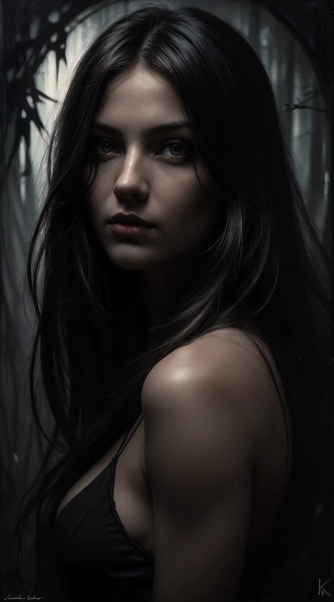 Oil painting, a forest free spirit Gothic girl, with delicate features, emerging from the depths of darkness, rendering a blend of mystery and allure. Her soft appearance contrasts against a background with rich deep dark hues. Captivating eyes and flowing ebony hair. Masterfully combining realism and abstraction with figurative broad brush strokes and loose free brushwork. Layers of paint, streaks resembling movement. Shadow play and chiaroscuro adding depth and dimension to the Masterpiece. By Casey baugh, Jarek Kubicki, Anna Bocek 
Evocative, emotional, moody and subdued. Touches of painterly 