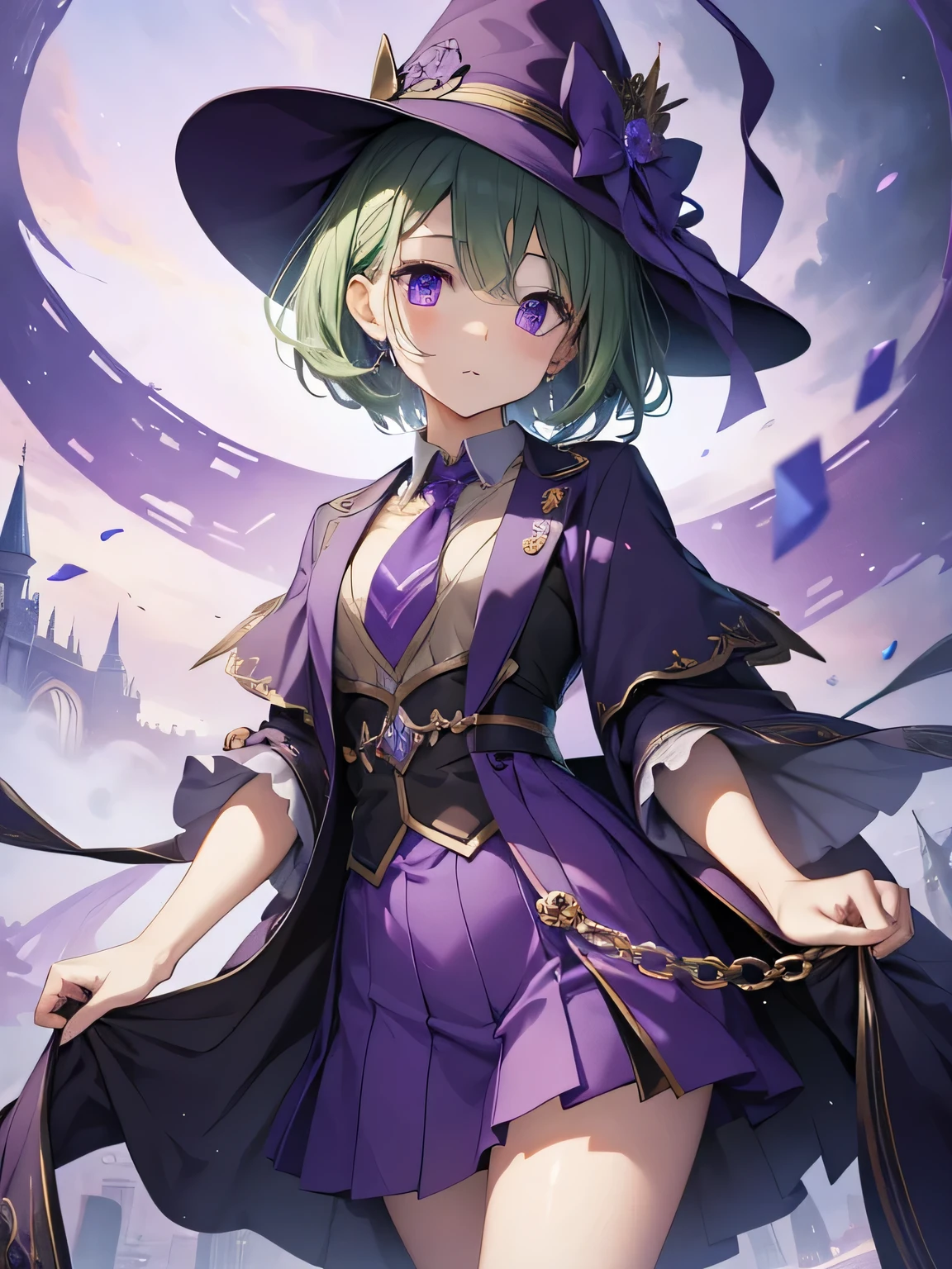 best image quality、beautiful image quality、highest quality、purple eyes、purple tie、belly button