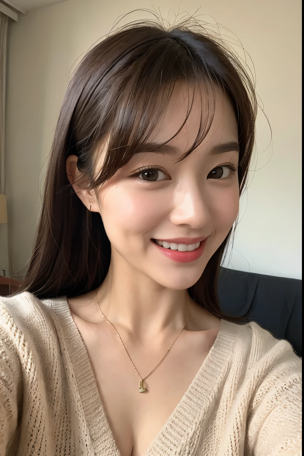 (highest quality、8k、masterpiece:1.3)、beautiful woman with perfect figure:1.4、dark brown hair、wearing a pendant、on the bed、highly detailed face and skin、detailed eye、double eyelid、laughter, loose and light knitwear、shoulder out、thin、expose one&#39;s chest、transparent clothes、low key、Pure erotic face ace_v1、tsundere smile、length、black shawl straight hair、46 point diagonal bangs、full body photo、S、looks mean