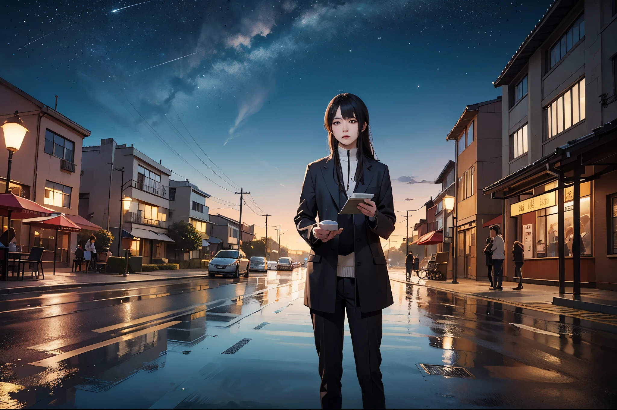comics， bright starry sky. 浪漫bus stop，bus stop，After the rain, Xin Haicheng&#39;s pictures, pure, concept art, Lofi Art style, reflection. author：Xin Haicheng, Lofi Art, Beautiful anime scene, anime scenery, Detailed Landscape—Width 672, Xin Haicheng&#39;s style, Xin Haicheng的風格, Enhance details.