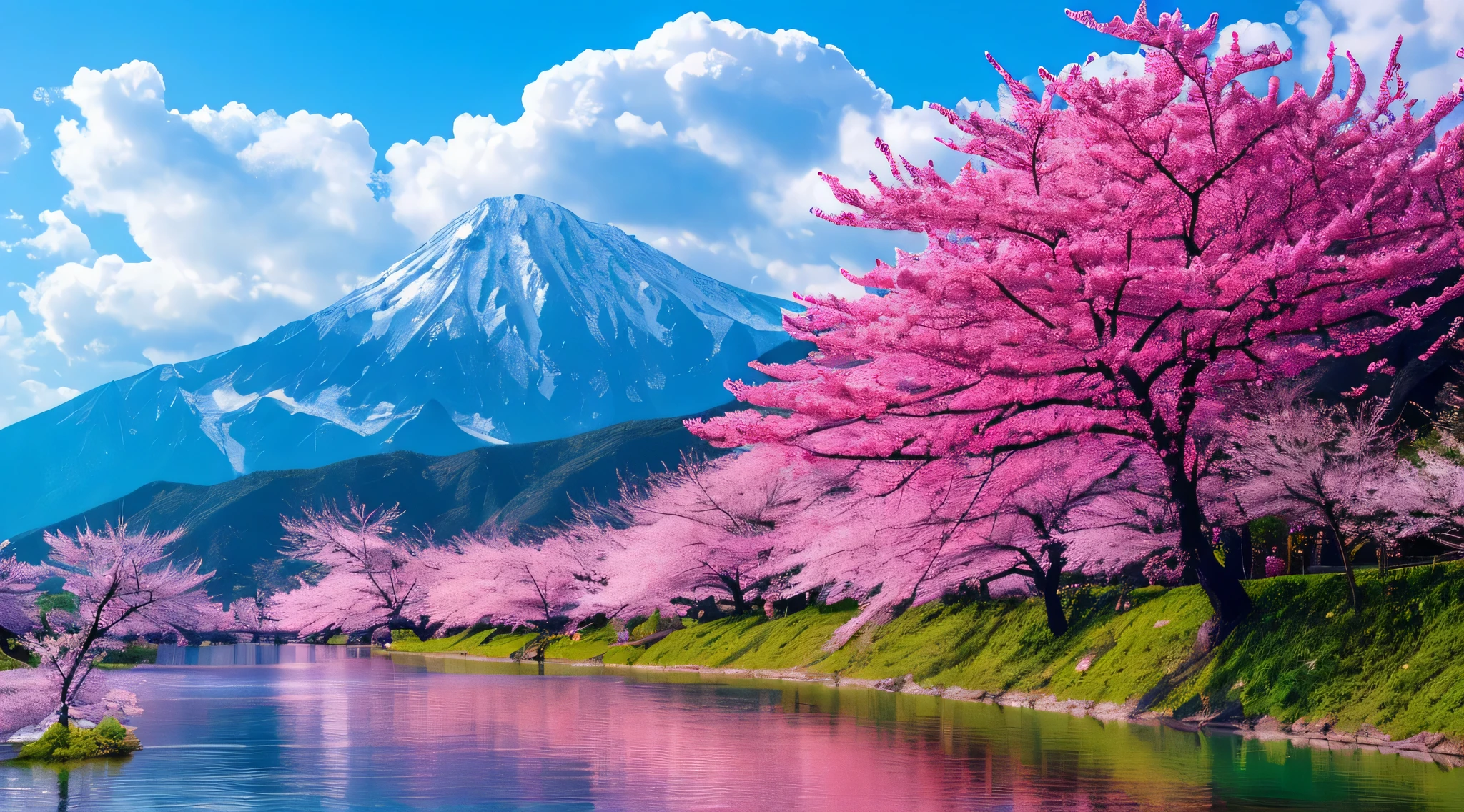 arafed view of a mountain with a lake and a pink tree, cherry blossom forest, cherry blossom trees, scenic colorful environment, sakura trees, pink tree beside a large lake, stunning nature in background, very beautiful scenery, nature scenery, really beautiful nature, lush sakura trees, pink trees, very very beautiful scenery, pink landscape, very very very beautiful scenery