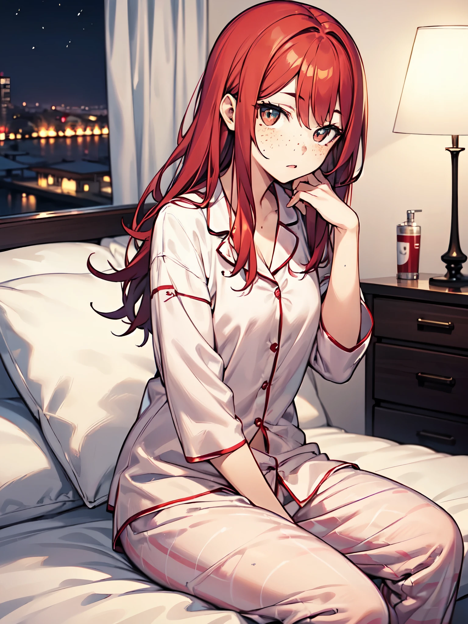 young girl(red hair, freckles, pajamas, big eyes), night, bedroom, sitting on bed