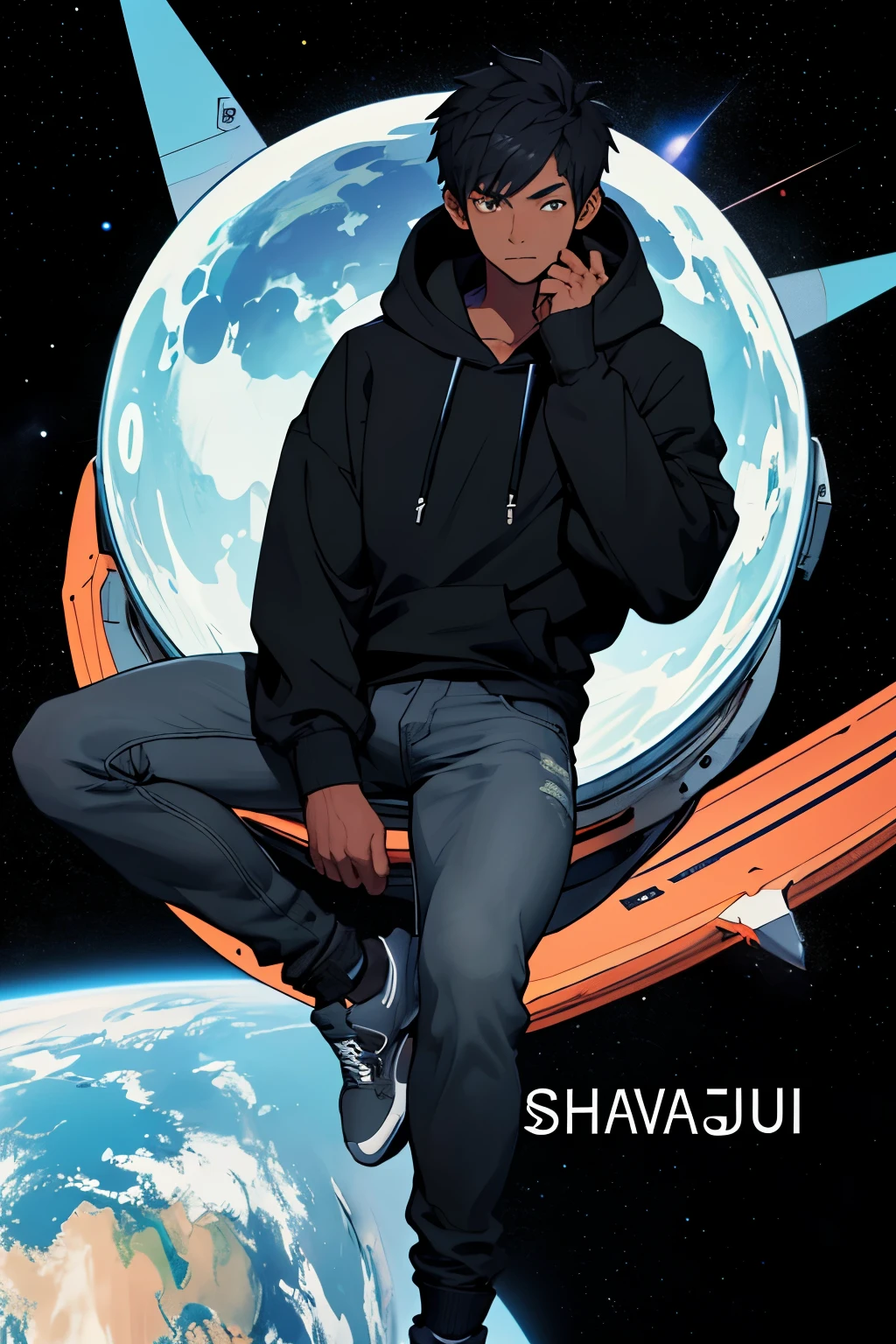 Draw a ager in plain black hoodie , skin tone is little dark,in black jeans, face shape is triangle , with a good hairstyle , his name is shivanshu . He is sitting on a chair bhind it the space. The name is written in the space craft bhind it.