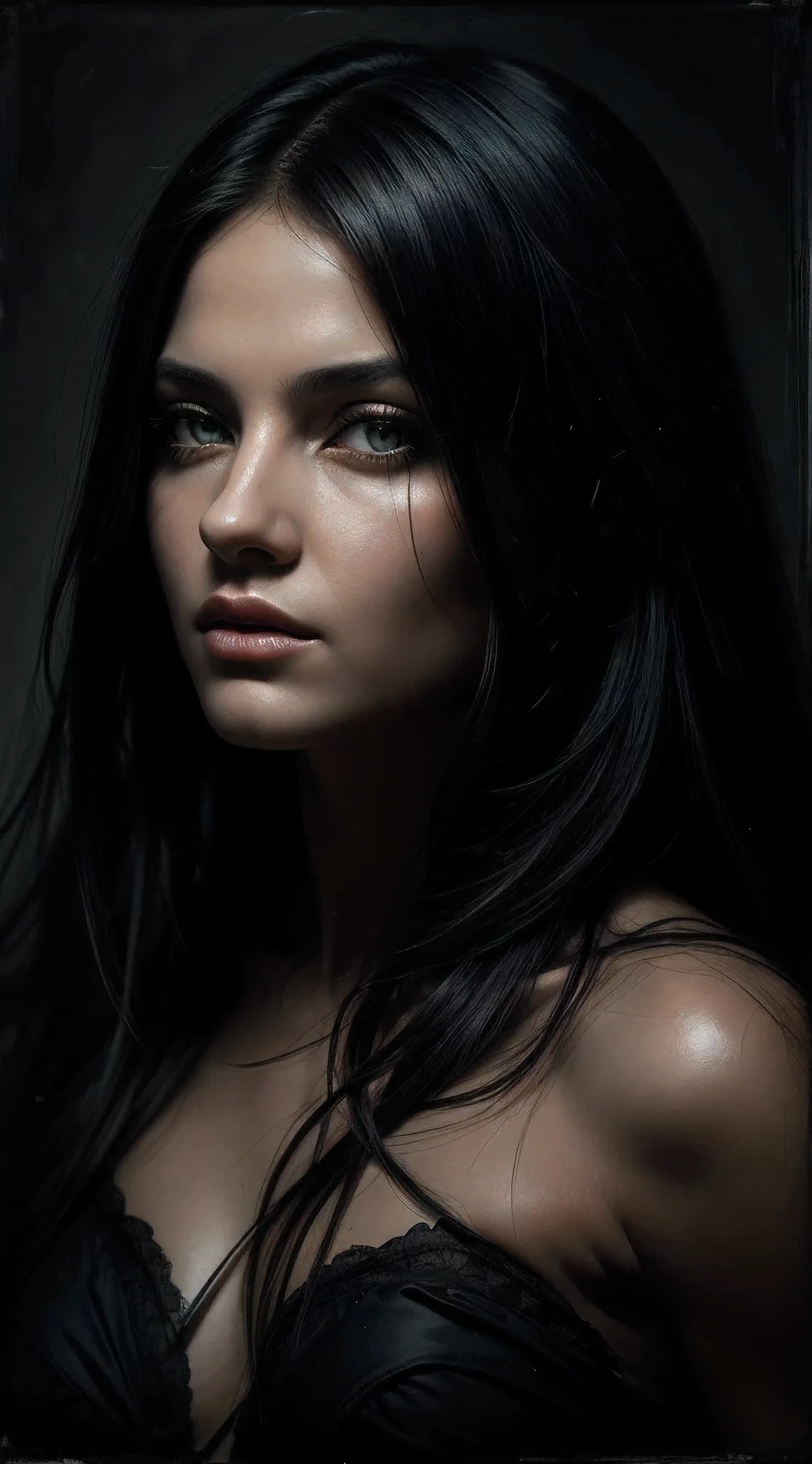 Oil painting, a forest free spirit Gothic girl, with delicate features, emerging from the depths of darkness, rendering a blend of mystery and allure. Her soft appearance contrasts against a background with rich deep dark hues. Captivating eyes and flowing ebony hair. Masterfully combining realism and abstraction with figurative broad brush strokes and loose free brushwork. Layers of paint, streaks resembling movement. Shadow play and chiaroscuro adding depth and dimension to the Masterpiece. By Casey baugh, Jarek Kubicki, Anna Bocek
Evocative, emotional, moody and subdued. Touches of painterly