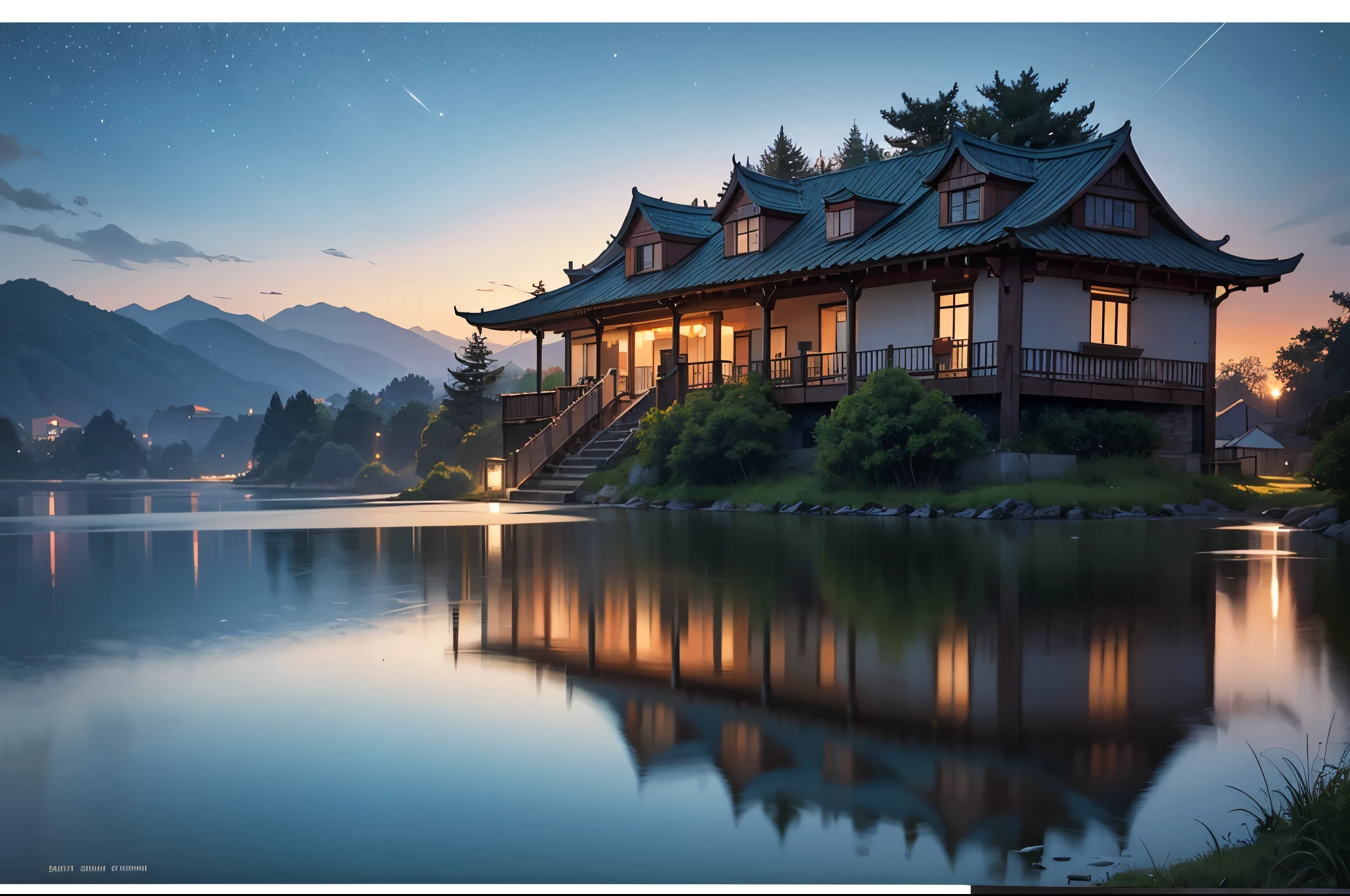 comics, bright starry sky. Romantic bus passing through body of water on road,bus stop,high saturation,Bright colors, Xin Haicheng's pictures, pure, concept art, Lofi Art style, reflection. author:Xin Haicheng, Lofi Art, Beautiful anime scene, anime scenery, Detailed Landscape—Width 672, Xin Haicheng's style, Xin Haicheng的風格, Enhance details.