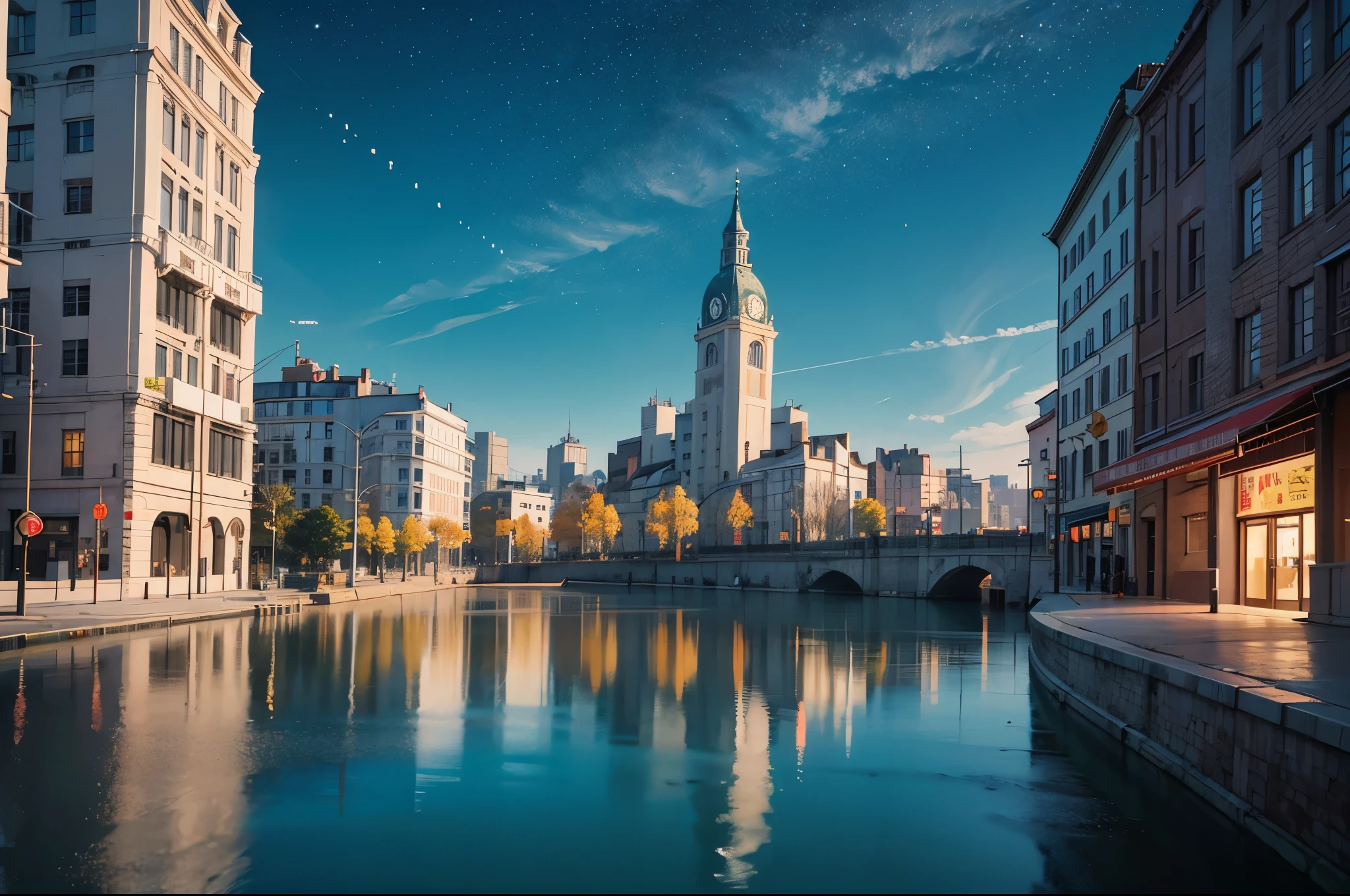 comics, bright starry sky. Romantic bus passing through body of water on road,bus stop,high saturation,Bright colors, Xin Haicheng's pictures, pure, concept art, Lofi Art style, reflection. author:Xin Haicheng, Lofi Art, Beautiful anime scene, anime scenery, Detailed Landscape—Width 672, Xin Haicheng's style, Xin Haicheng的風格, Enhance details.