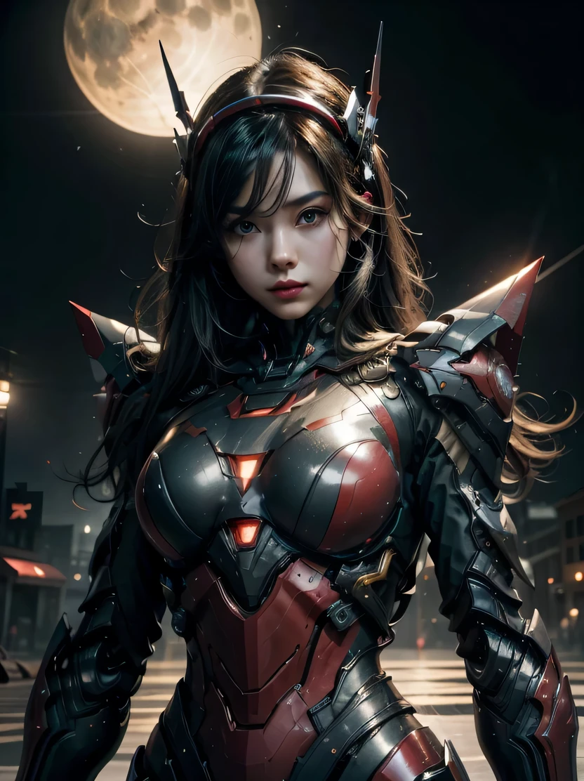 ((masterpiece、highest quality、Super detailed、High resolution、realistic、sharp focus、cinematic lighting))、bust shot、high contrast、future girl、wearing armor、red lips、highly detailed eyes and face、beautiful eyes、Mechanical joint、dark atmosphere、The background is a futuristic city、Planets in the sky、dynamic action pose、model shooting style、view audience、Mecha musume、headgear、Mecha