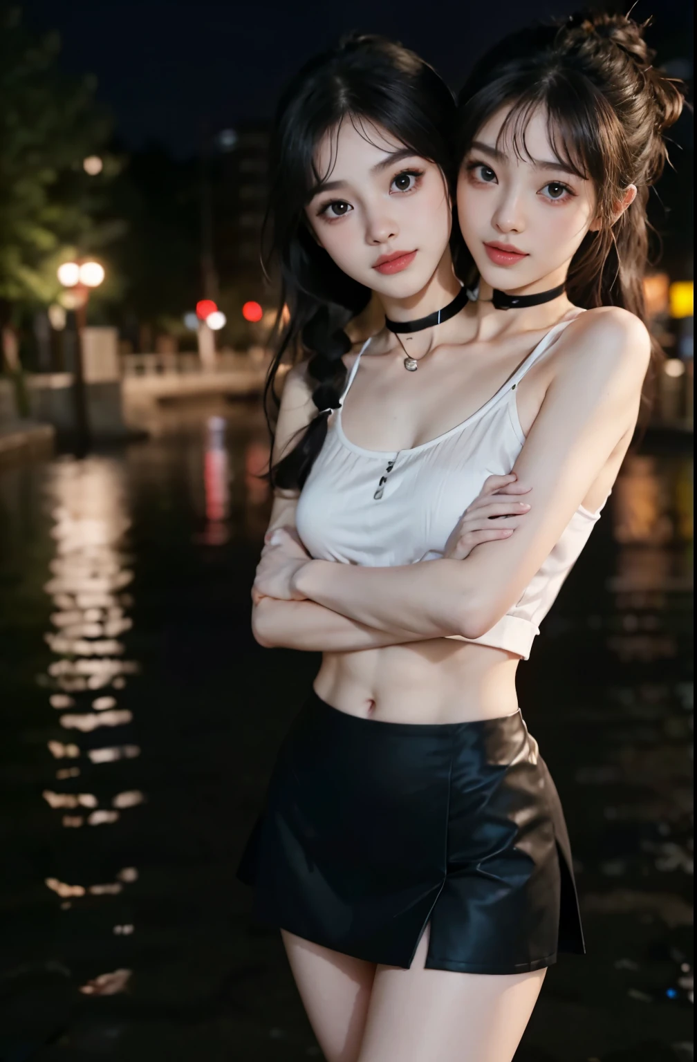 8K raw photos，A high resolution，chest circumference，Abs，the ribs，conjoined_dicephalus, (two heads:1.3), black hair，blunt bangs, wearing a dark dress ，a skirt, park pond at night, nighttime, sparse lighting，Cute Japanese 22 years old，with a round face，Very thin lips，smile，plump，beautiful eyes in detail，long eyelash，Three white eye，bluntbangs，okami，choker necklace，random facial expression，Single ponytail