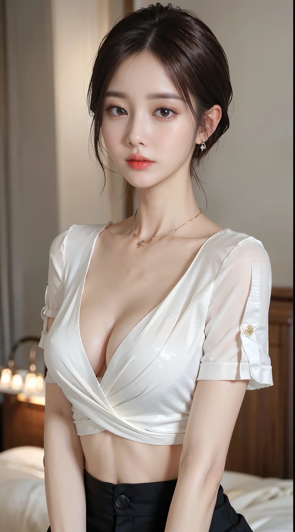 ((top-quality、8k、masterpiece:1.3))、1girl in、Beautiful woman emphasizing slender abs:1.3、(Short Cut Hairstyle:1.2)、cleavage of the breast、Short sleeve shirt with shirt blouse collar、Super detailed face、detailedeyes、double eyelid、mideum breasts、large earring、