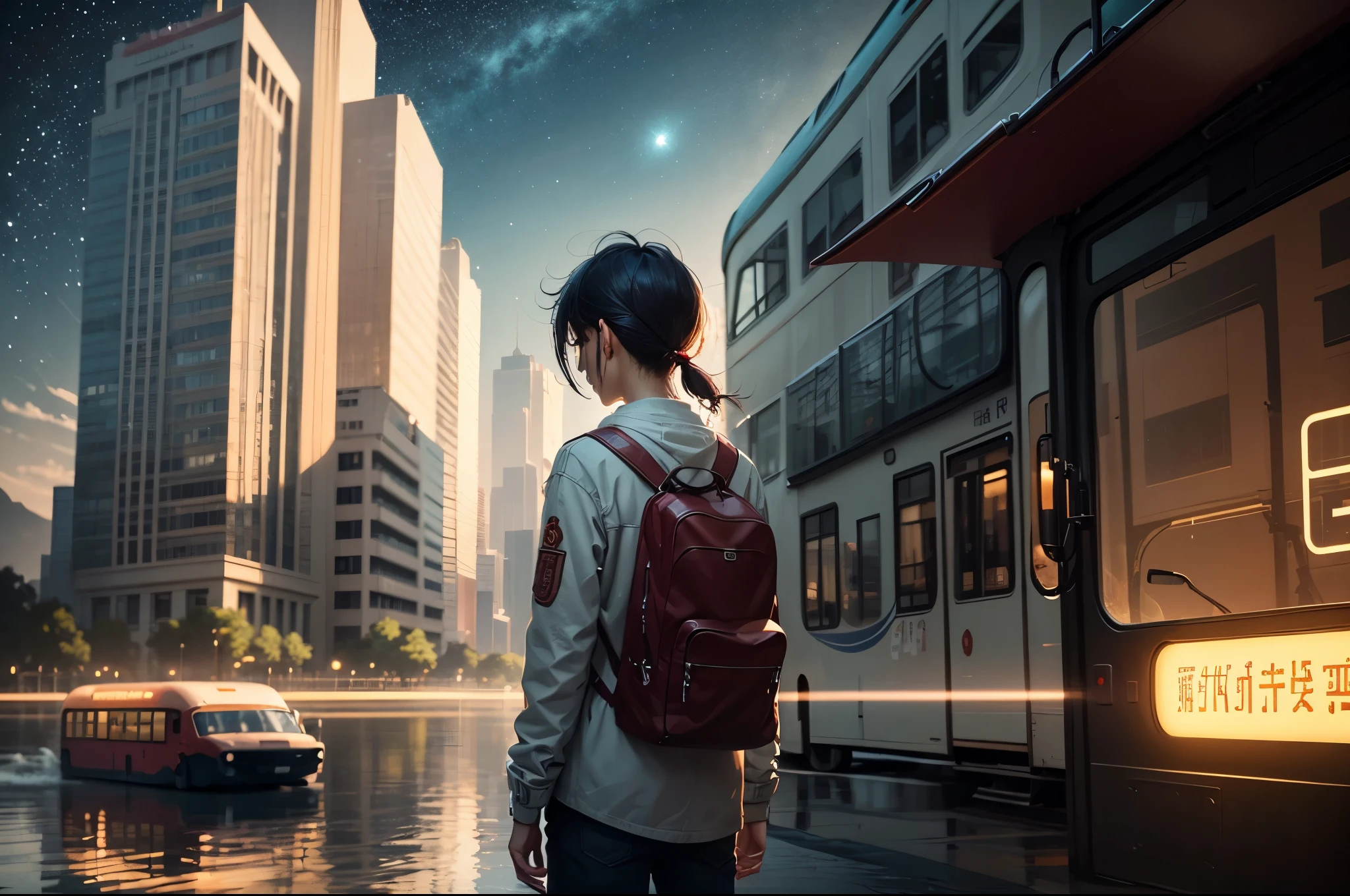 comics， bright starry sky. Romantic bus passing through body of water on road，bus stop，high saturation，Bright colors， Xin Haicheng&#39;s pictures, pure, concept art, Lofi Art style, reflection. author：Xin Haicheng, Lofi Art, Beautiful anime scene, anime scenery, Detailed Landscape—Width 672, Xin Haicheng&#39;s style, Xin Haicheng的風格, Enhance details.