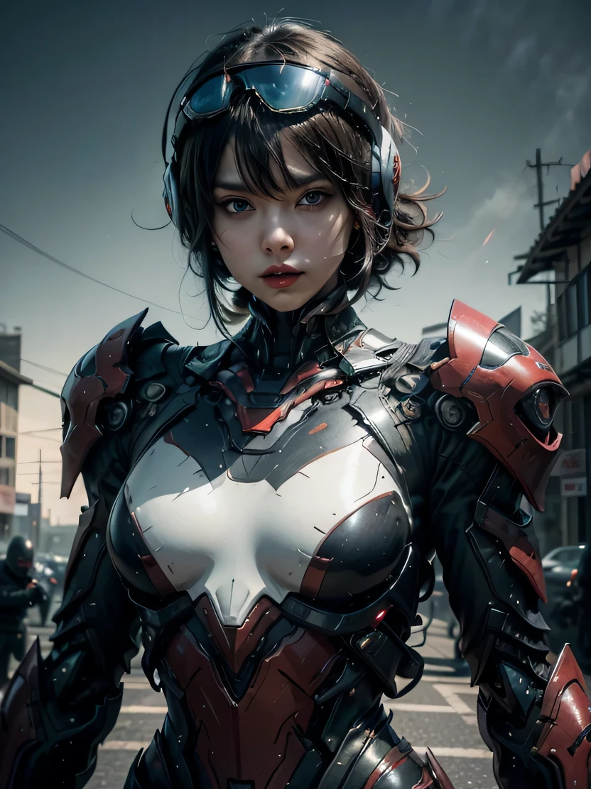 ((masterpiece、highest quality、Super detailed、High resolution、realistic、sharp focus、cinematic lighting))、bust shot、high contrast、future girl、wearing armor、red lips、highly detailed eyes and face、beautiful eyes、Mechanical joint、Armoured helmet、dark atmosphere、The background is a futuristic city、Planets in the sky、dynamic action pose、model shooting style、view audience、Mecha musume、headgear、Mecha