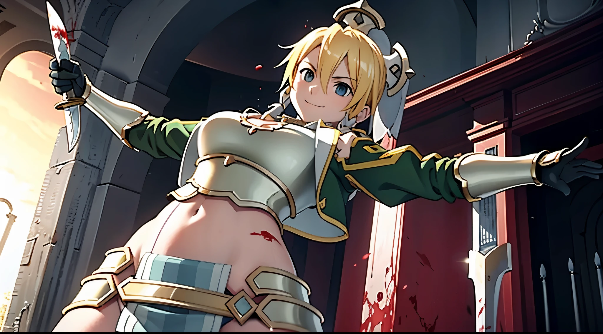 girl 1, exposed navel, big breasts, Queen, bullying, holding a severed head of enemy, There&#39;s blood on my body, blood on armor, blood in belly button, blood in the stomach, There&#39;s blood on my chest, provocation, expensive, long sword, slashing sword, splattered blood, expensive, belly buttonに血 ,blood in the stomach, gun, knife, sword, war, underwear, kill, cut off the head, shot from below, sensual, There&#39;s blood on my chest, smile, holding a severed head