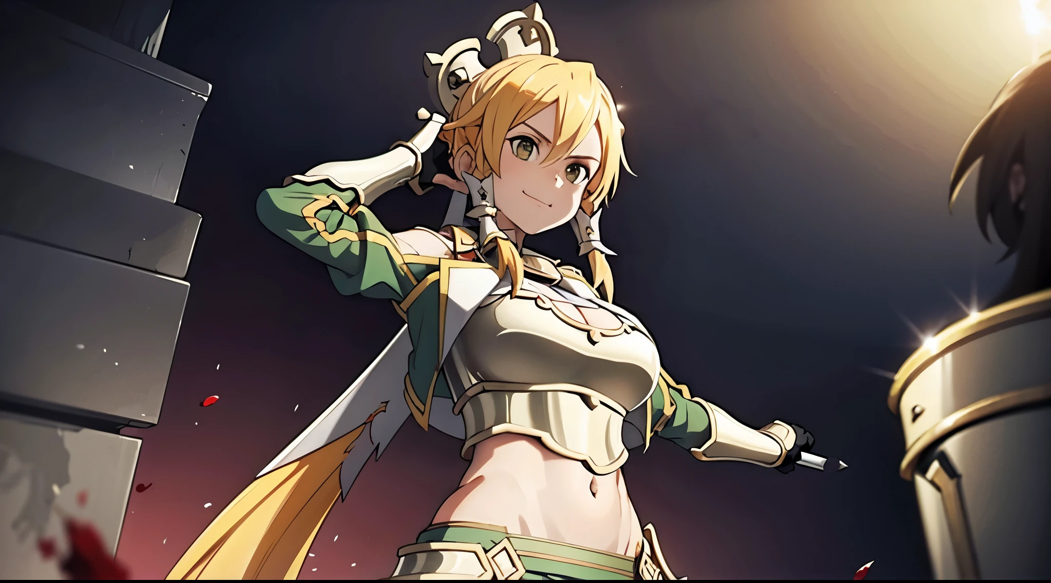 girl 1, exposed navel, big breasts, Queen, bullying, holding a severed head of enemy, There&#39;s blood on my body, blood on armor, blood in belly button, blood in the stomach, There&#39;s blood on my chest, provocation, expensive, long sword, slashing sword, splattered blood, expensive, belly buttonに血 ,blood in the stomach, gun, knife, sword, war, underwear, kill, cut off the head, shot from below, sensual, There&#39;s blood on my chest, smile, holding a severed head