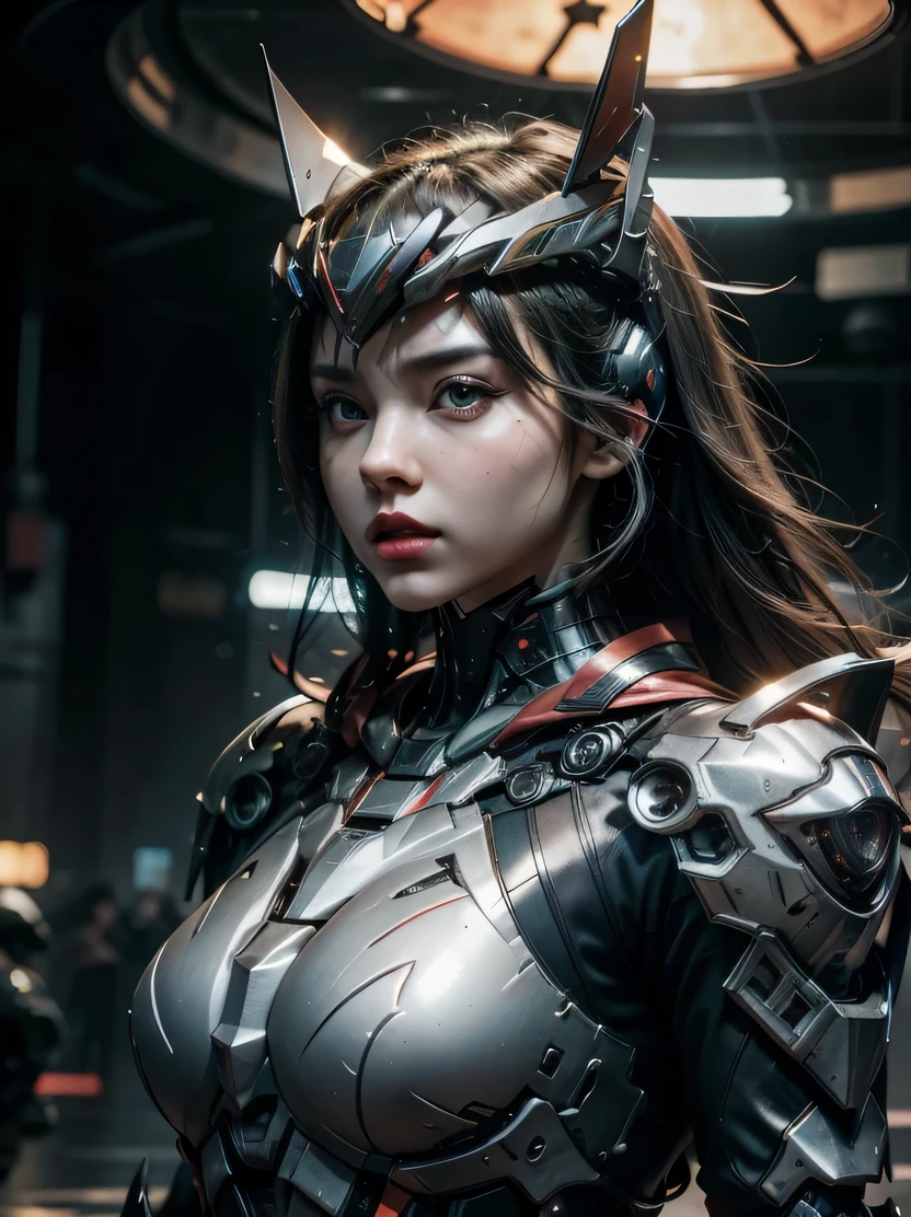 ((masterpiece、highest quality、Super detailed、High resolution、realistic、sharp focus、cinematic lighting))、middle shot、high contrast、future girl、wearing armor、red lips、highly detailed eyes and face、beautiful eyes、Mechanical joint、Combat goggles、Armoured helmet、dark atmosphere、The background is a futuristic city、Planets in the sky、dynamic action pose、model shooting style、view audience、Mecha musume、headgear、Mecha