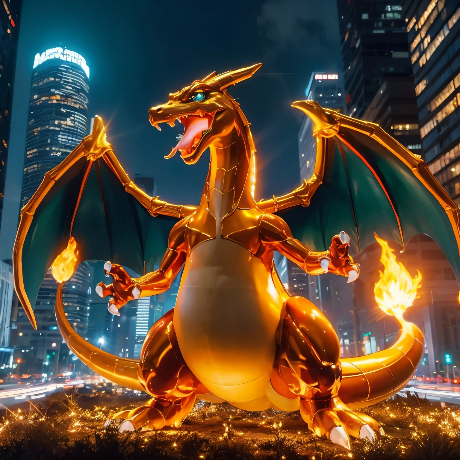 masterpiece glowing shiny charizard pokemon satue on the city at night ultra realistic picture wonderfull sight