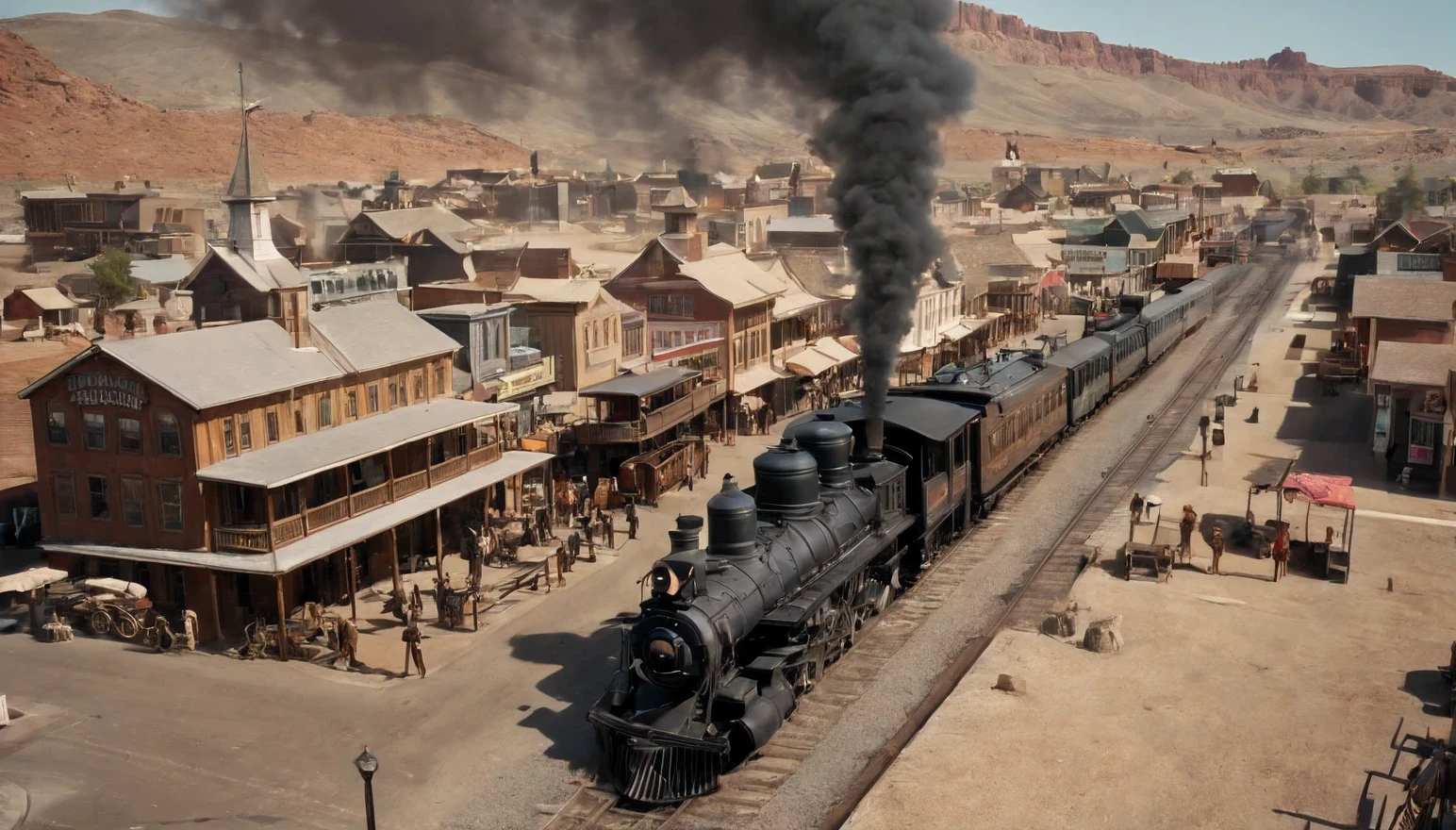 realistic photo, high angle shot, wild west era, train station in small town in wild west, ,approaching train, 19th century steam locomotive, smoke rising from the chimney, railway station in the center of the frame, buildings of a Wild West town visible in the background, beautiful atmosphere, a wild west atmosphere, ultra detailed, photorealistic imagery, imersive wild west background, 4k, 8k, high angle, warm lightning,  large depth of field 
